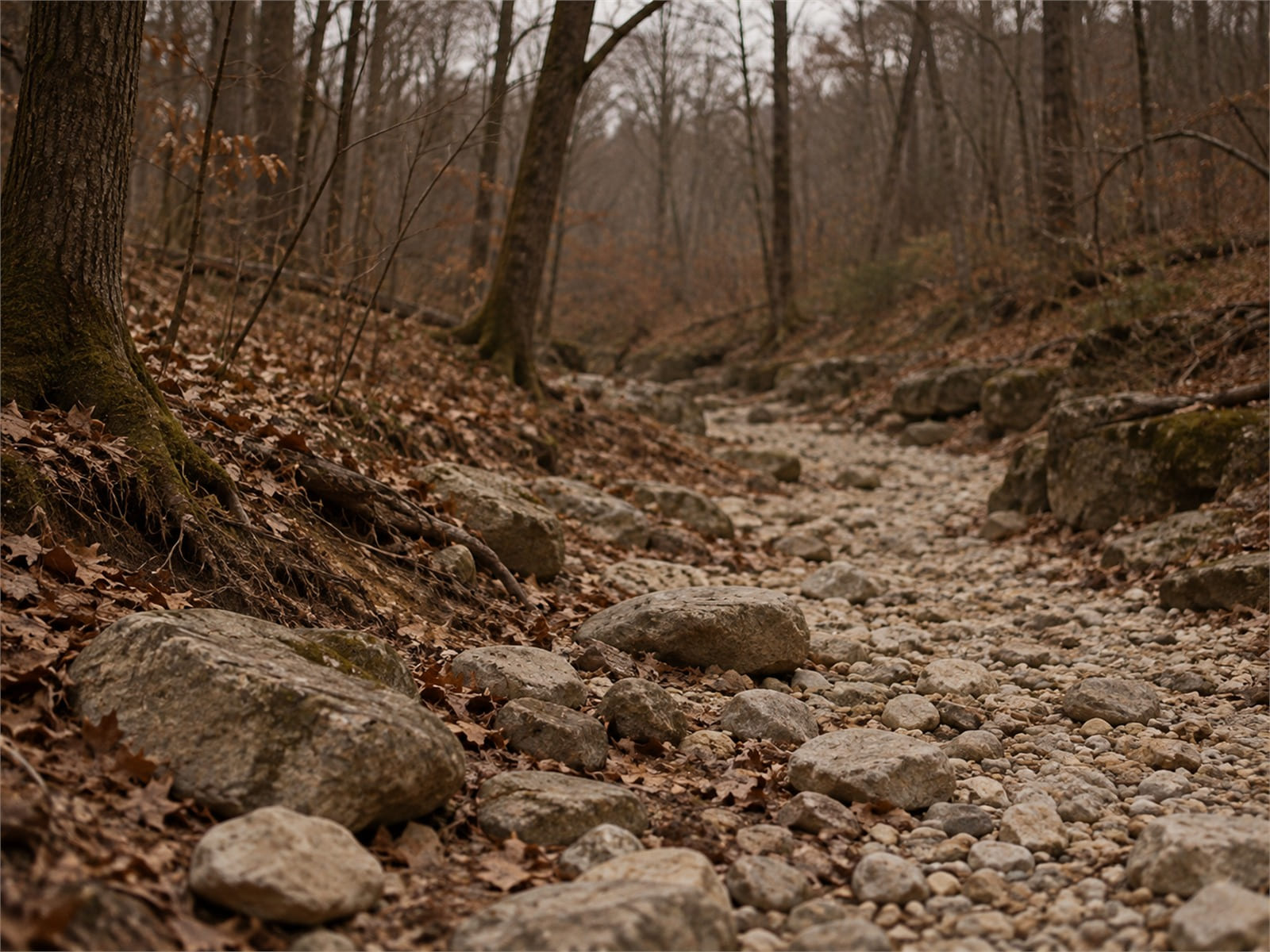 A dry creek bed of pale stones winding through a wood in flat gray light