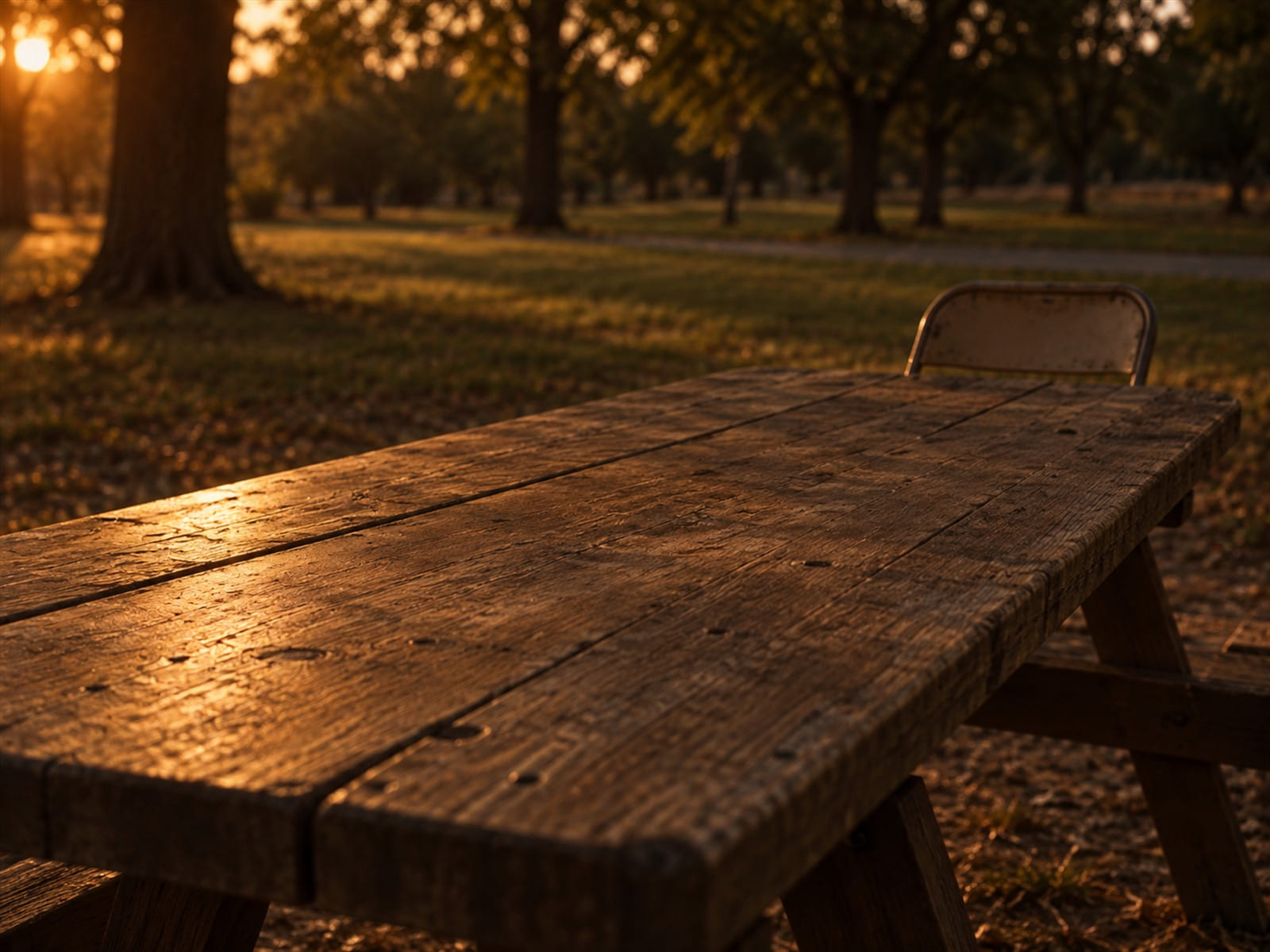 One folding chair set at the end of a long picnic table in a park, the rest of the table empty