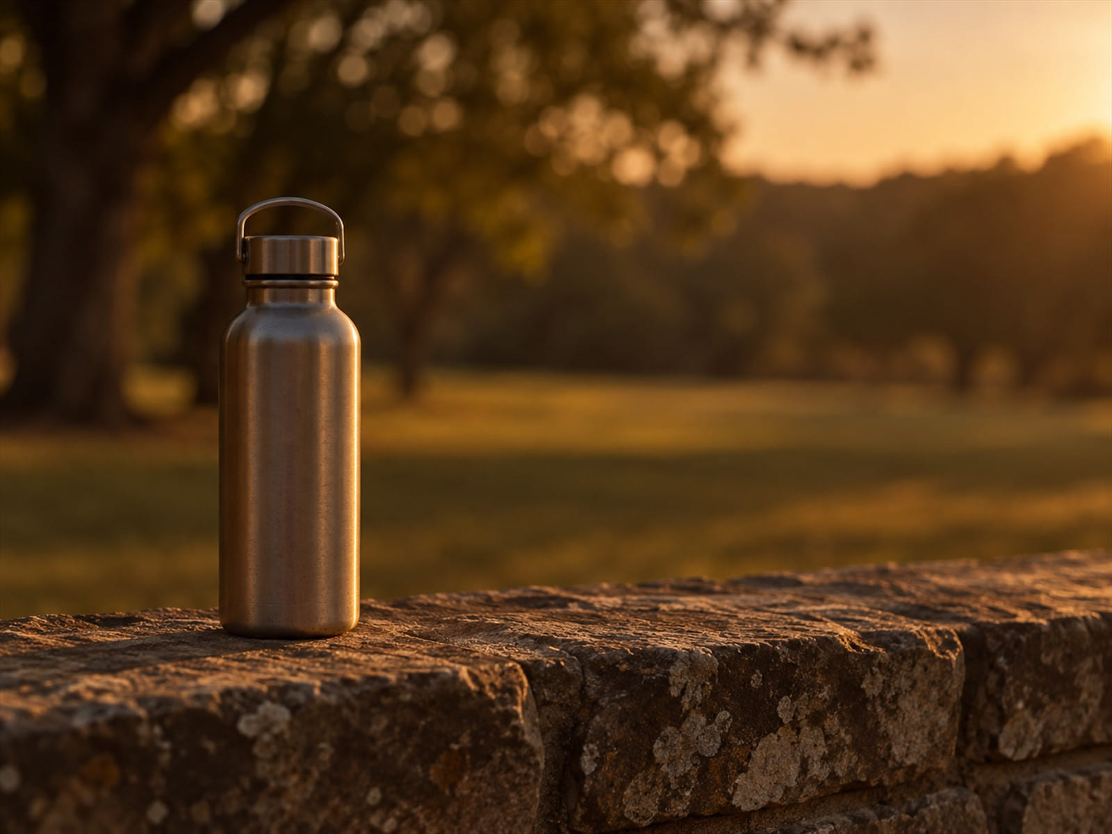 A metal water bottle standing on a low stone wall in late afternoon sun