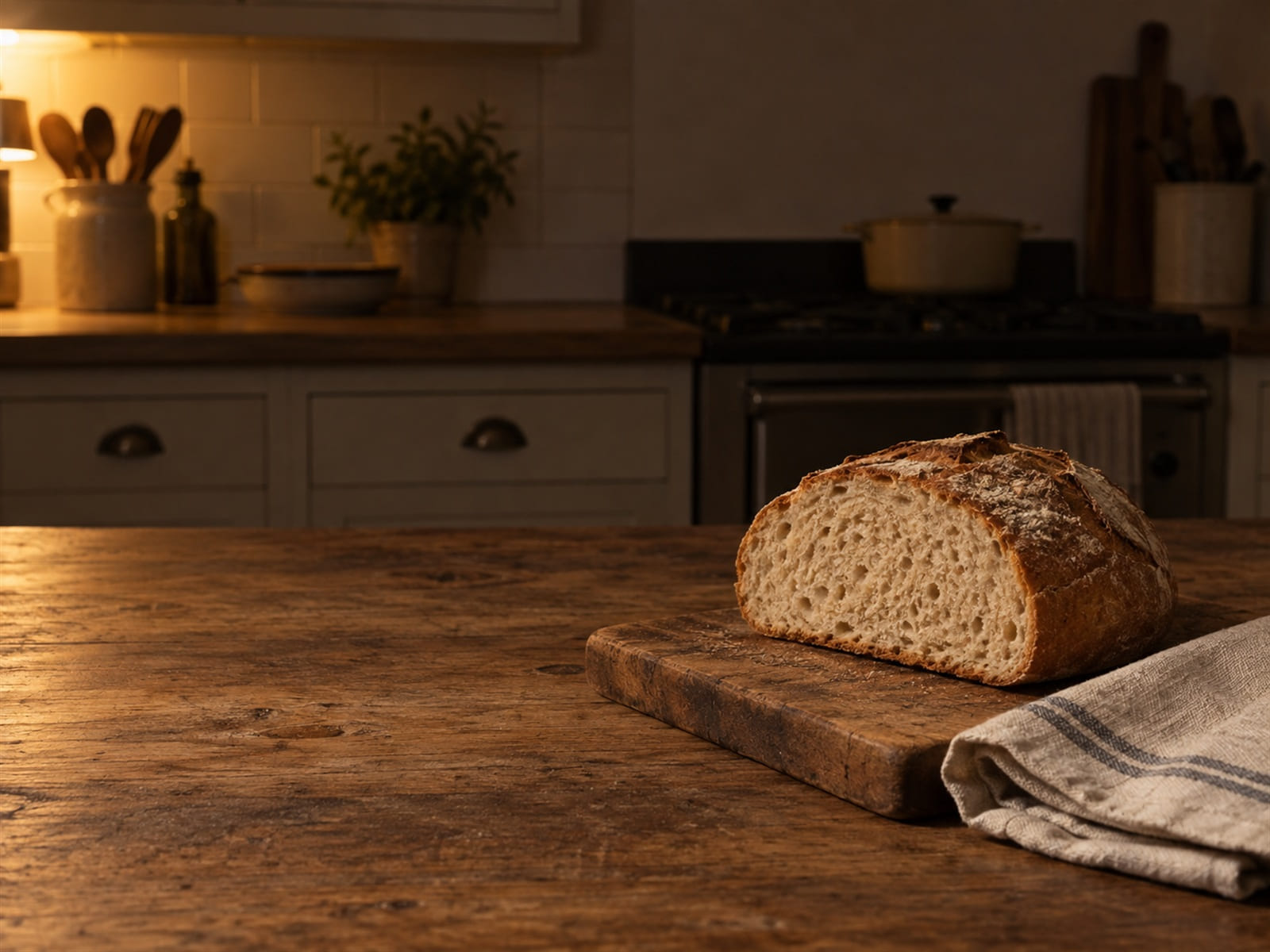 A half loaf of bread on a wooden board beside a folded tea towel on a kitchen counter