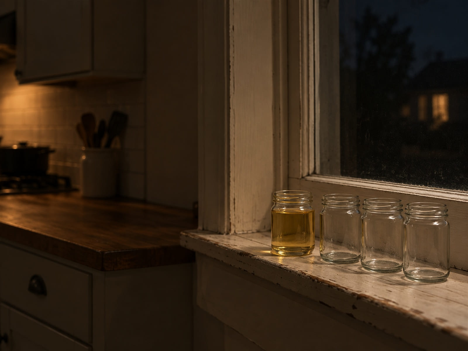 A small glass jar of cooking oil on a kitchen windowsill beside a row of empty jars