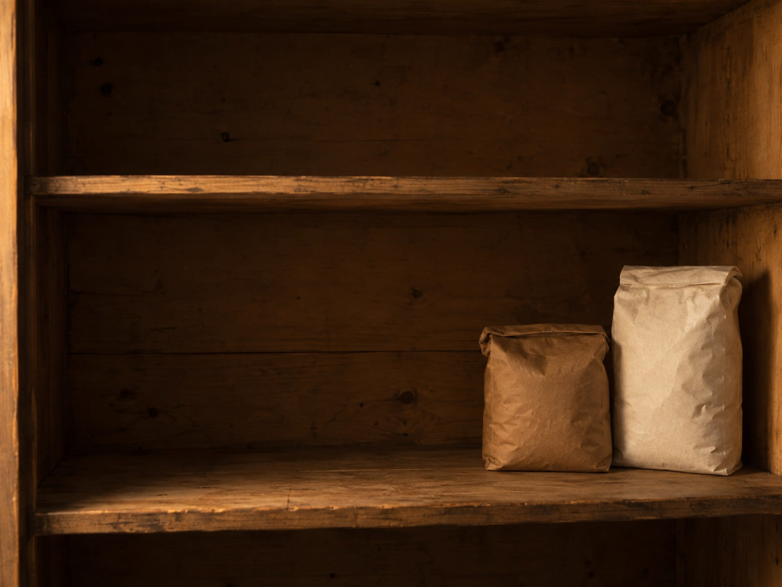 A mostly empty pantry shelf holding a sack of rice and a bag of flour in plain paper, lit by a low lamp