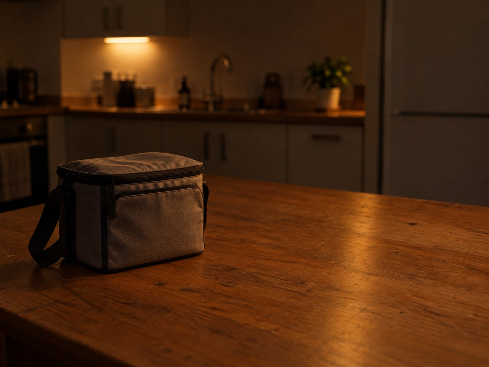 A lunch cooler set down on a kitchen counter at night, one light on over the sink