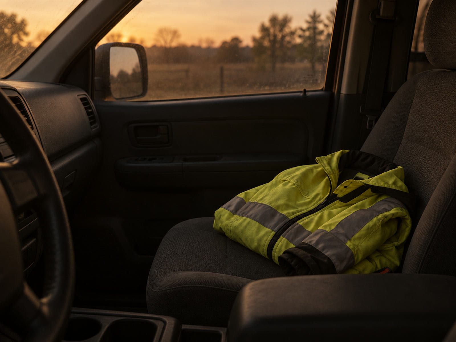 A folded high-visibility jacket on the passenger seat of a parked vehicle at first light