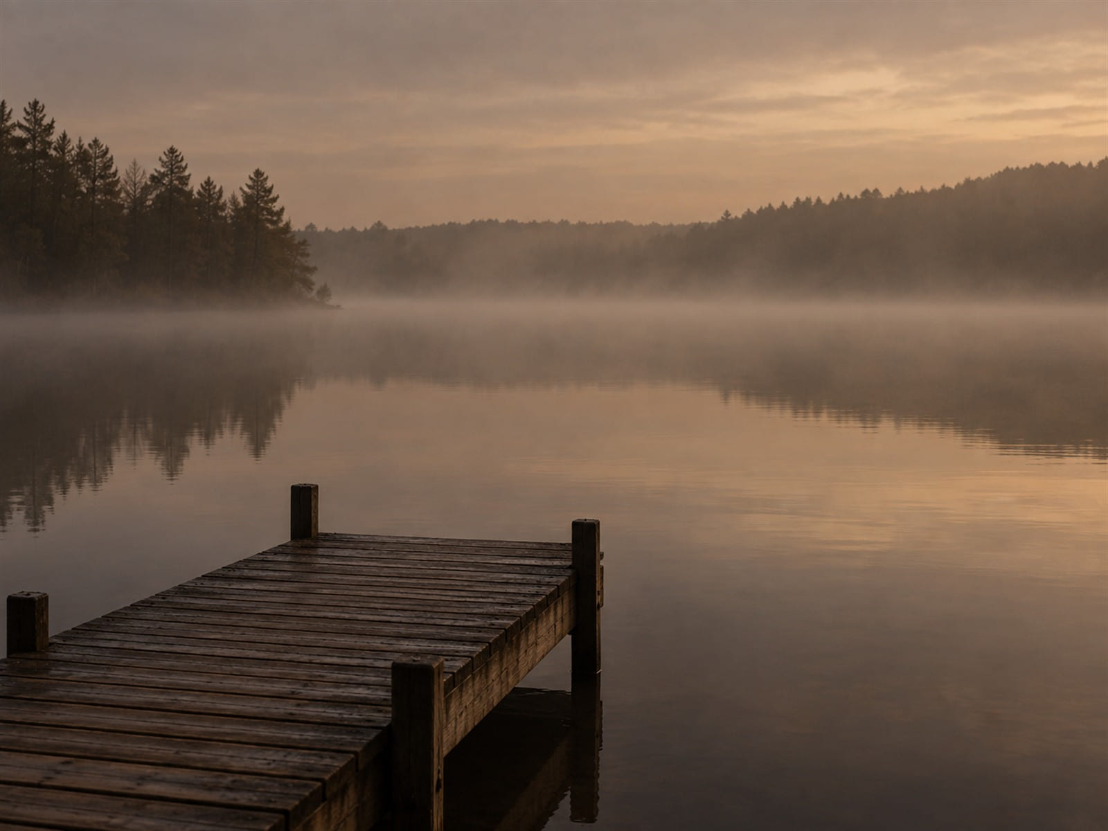 A wooden dock running out into a still lake in early morning mist