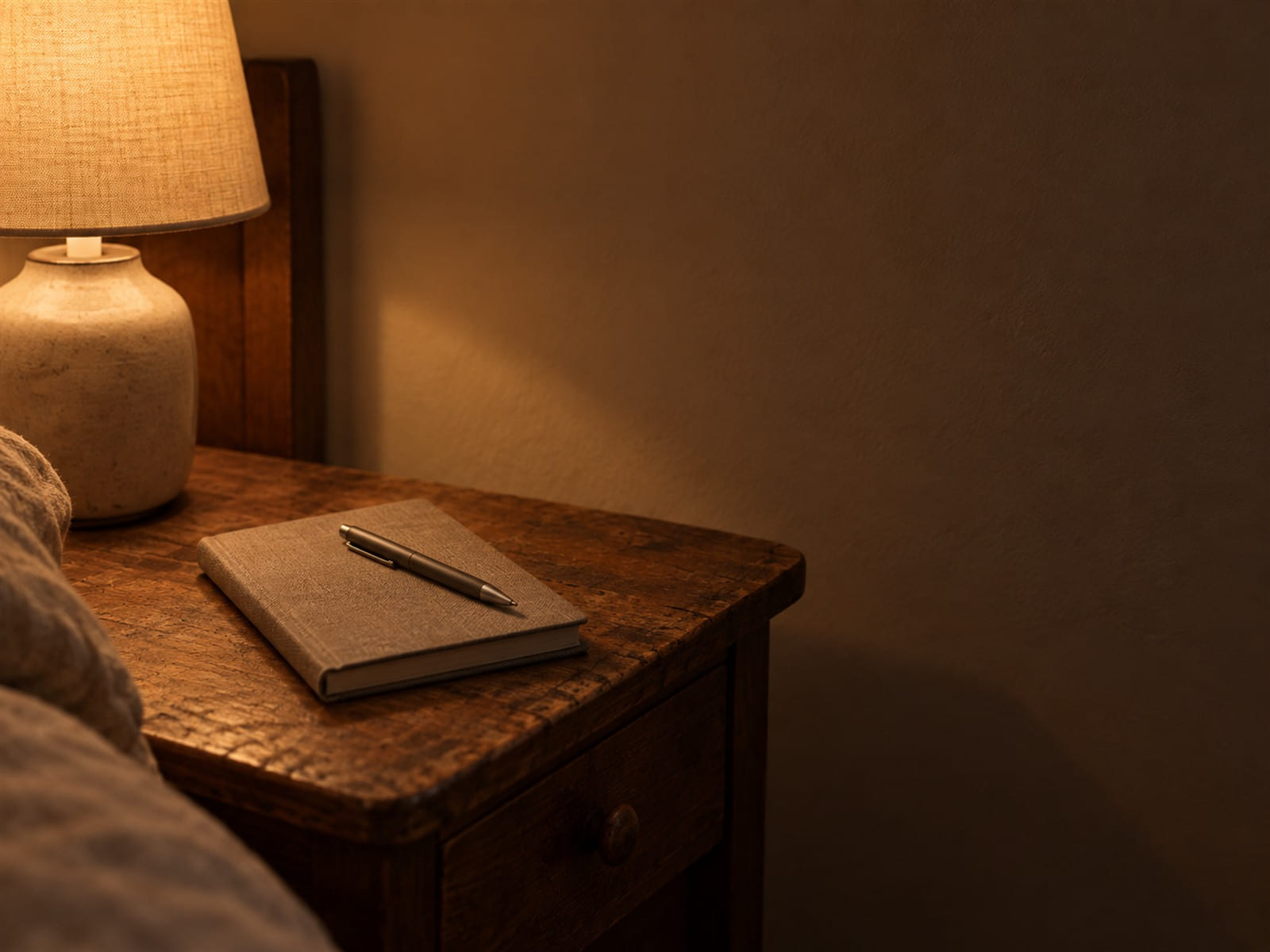A closed notebook with a pen resting on it on a bedside table under a small lamp