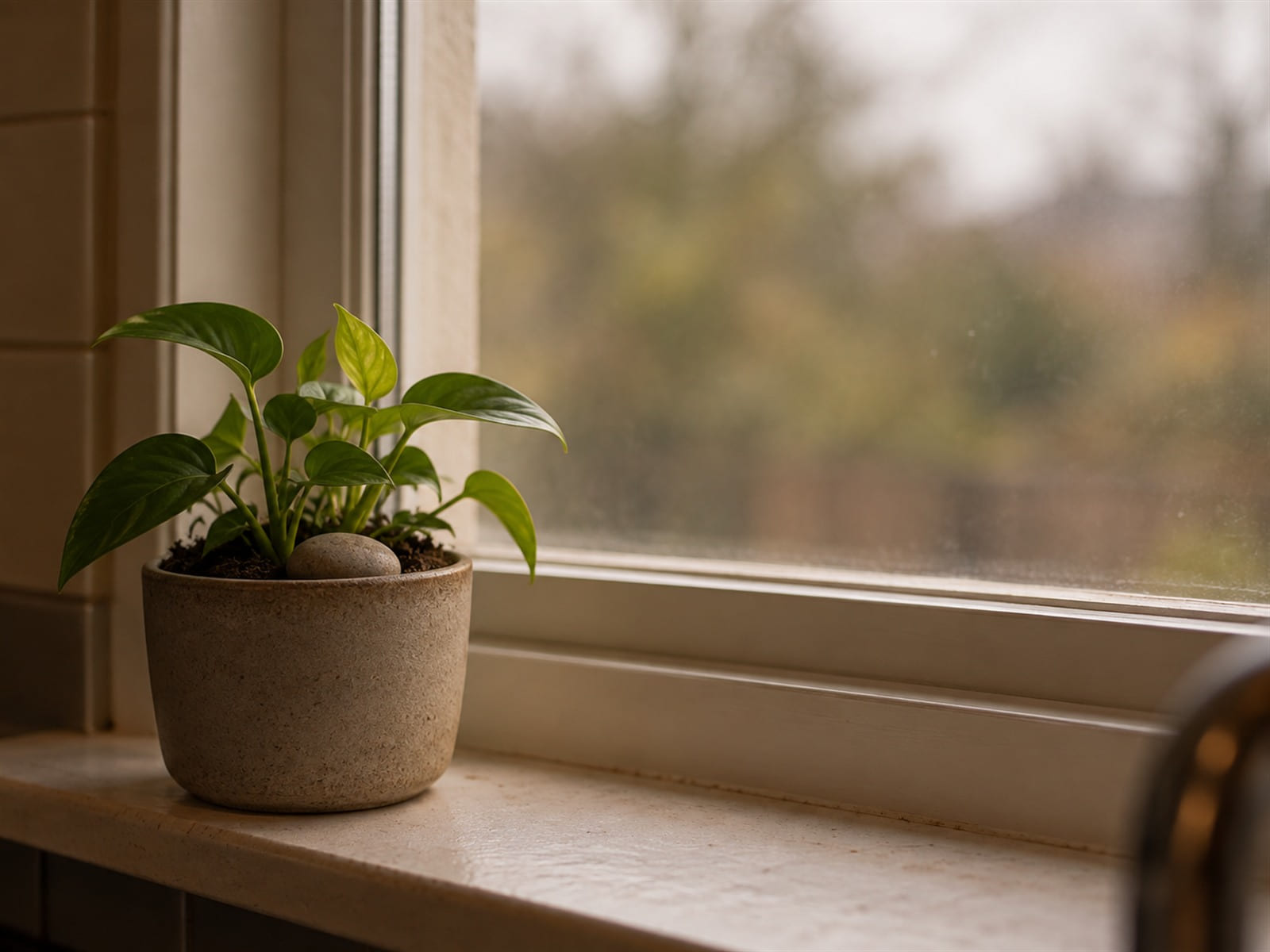 A potted plant on a windowsill with new leaves growing around a smooth stone