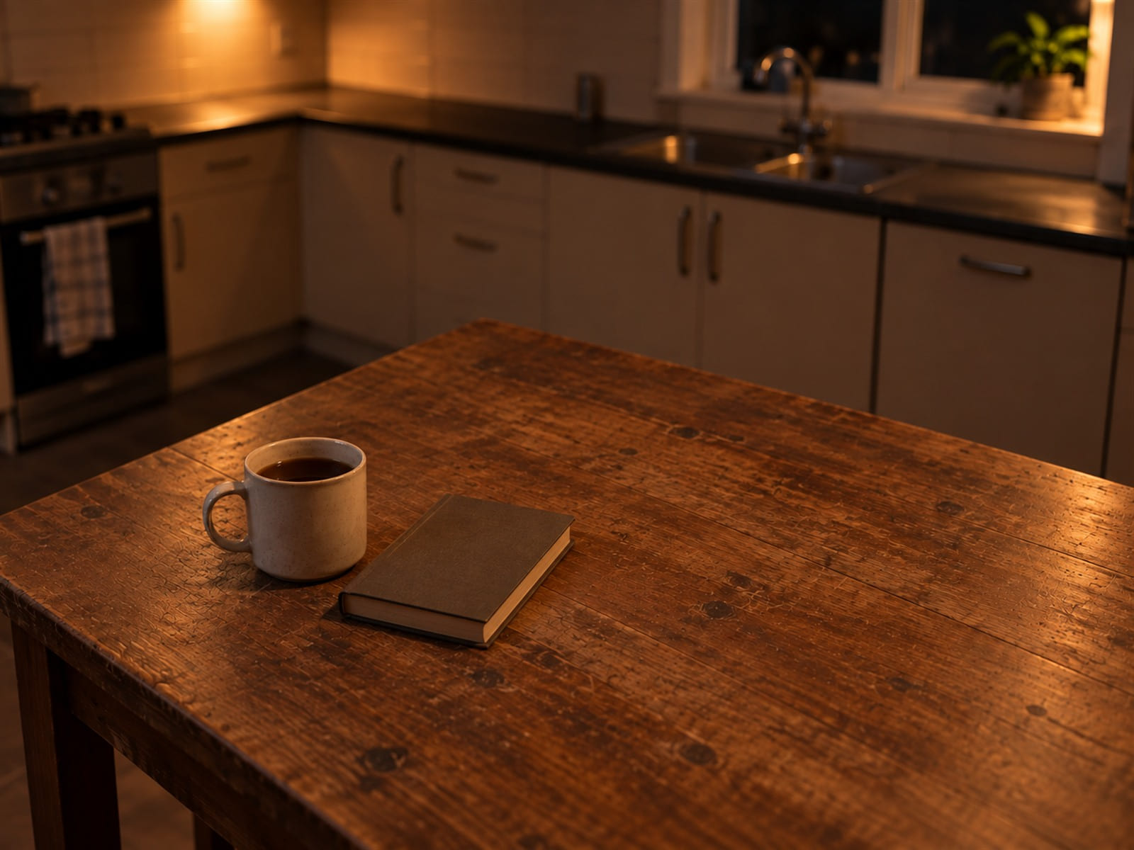 A cup of tea going cold beside a closed book on a kitchen table at night
