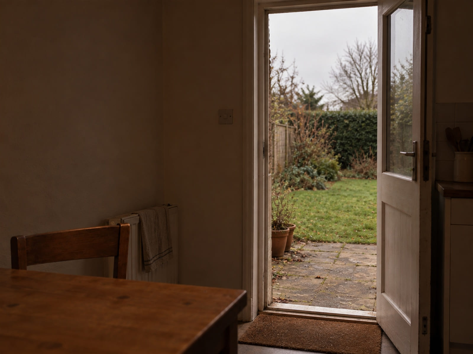 A back door open onto a garden in flat gray daylight, nobody in frame