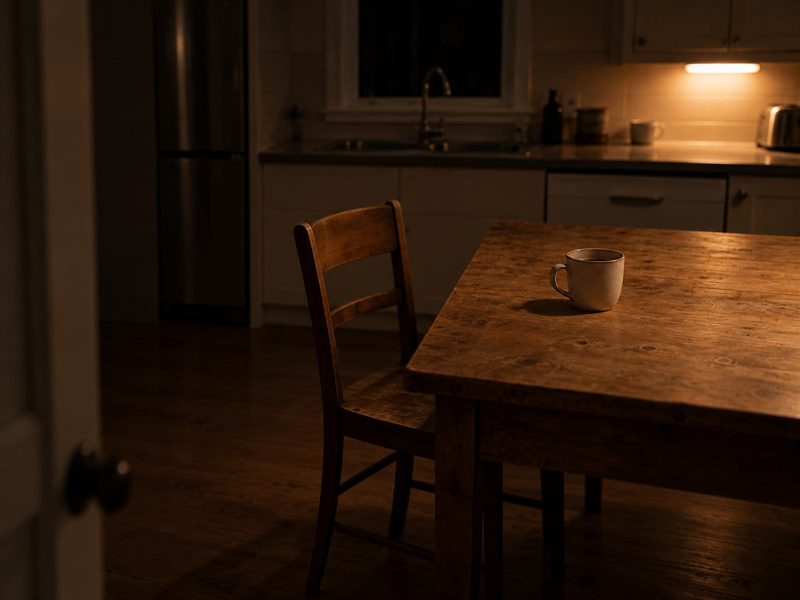 A kitchen table in the early hours with one chair pulled out and a cold mug on it
