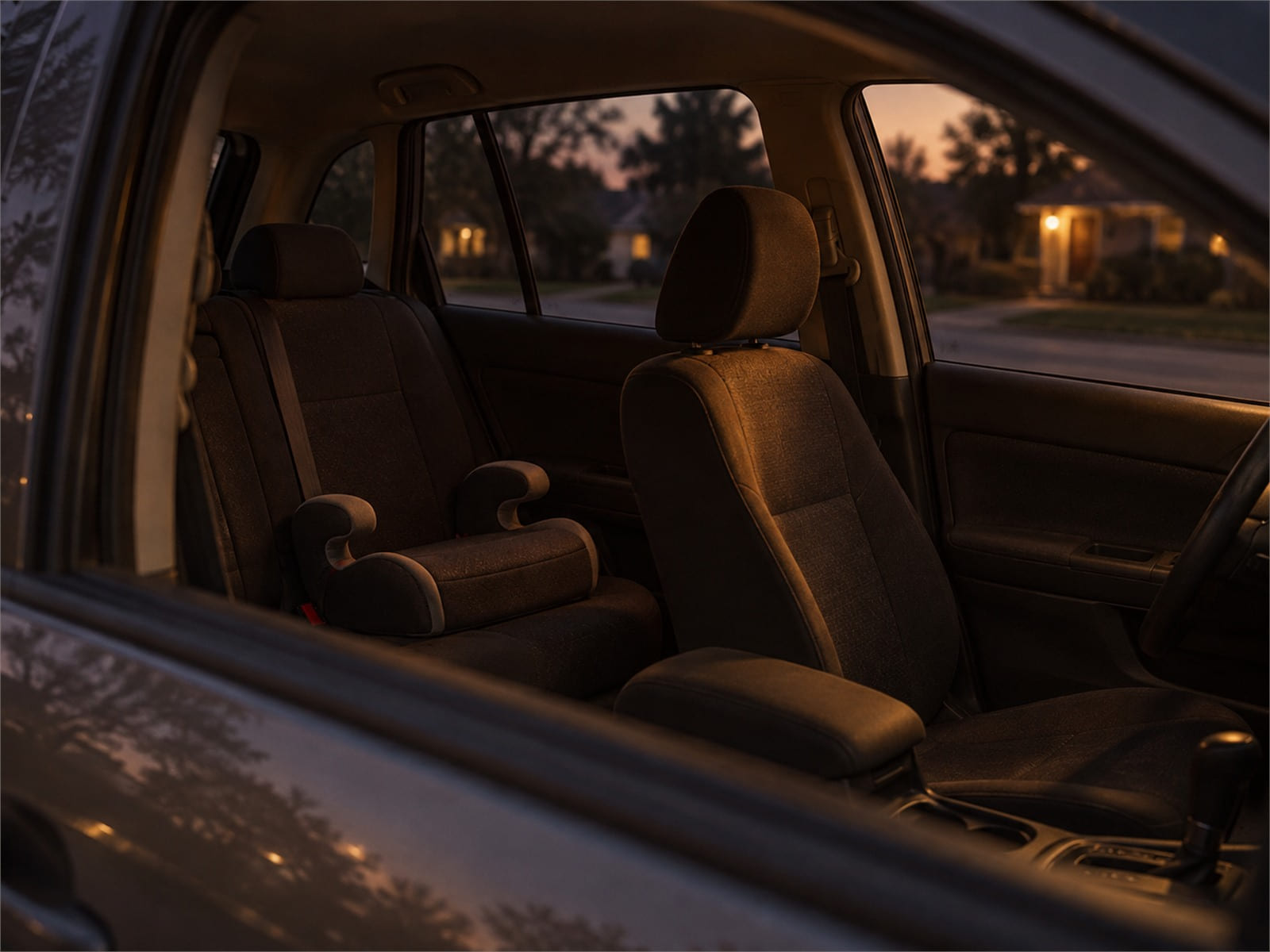 A car parked on a quiet street at dusk with an empty booster seat in the back