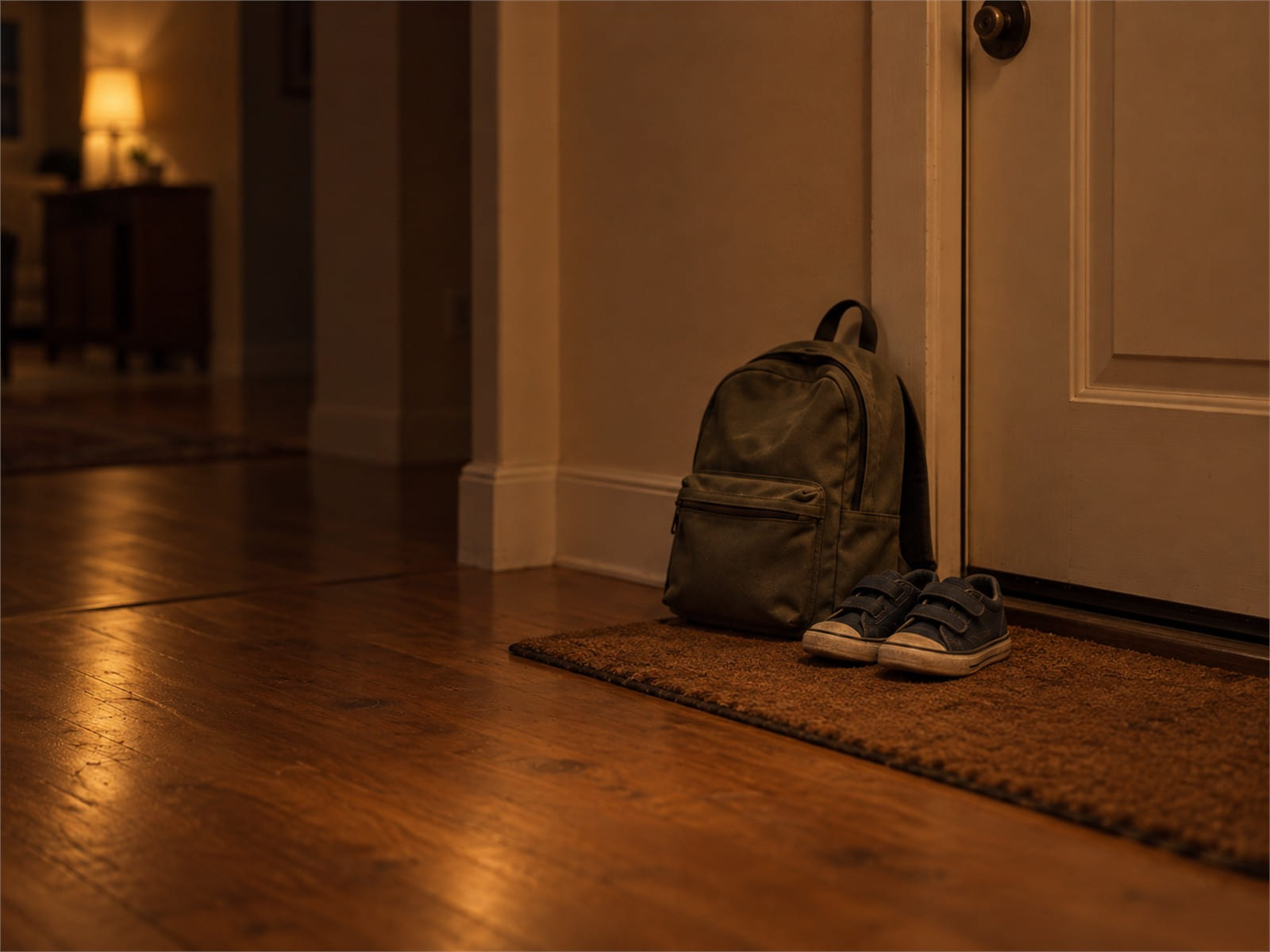 A child's small backpack and a pair of sneakers waiting on a doormat beside a closed front door