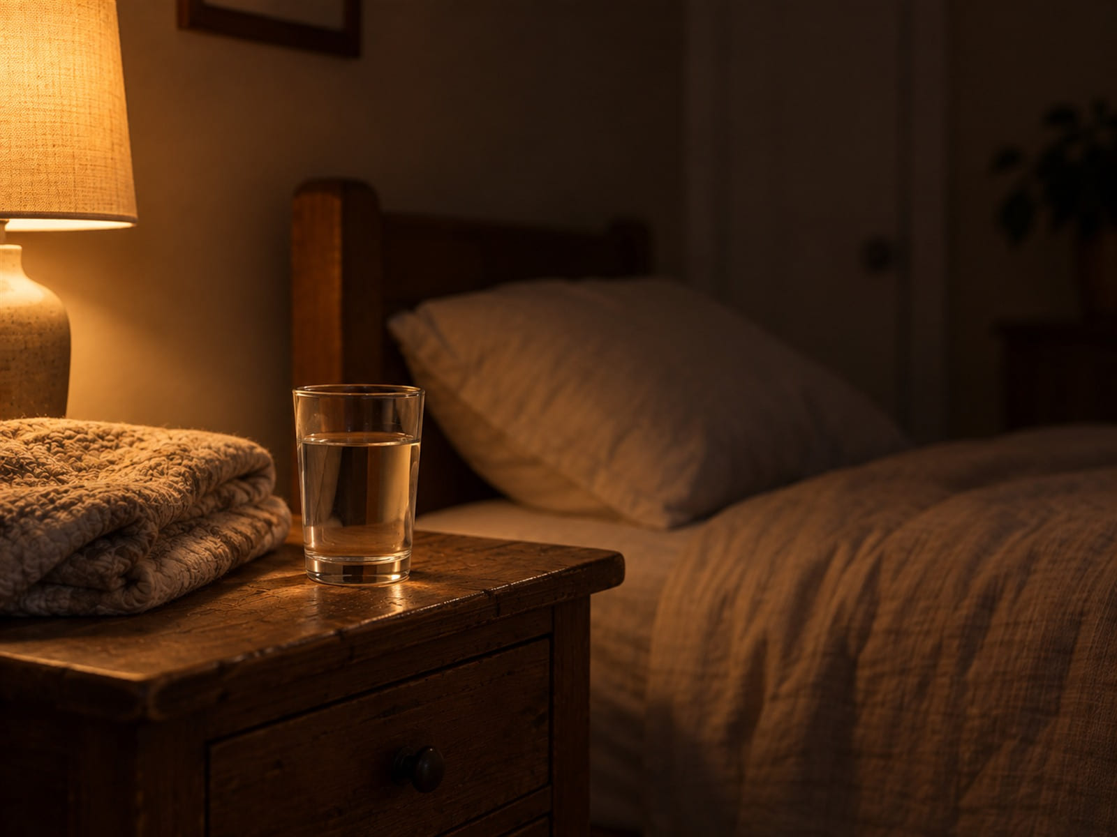 A glass of water beside a folded quilt on a bedside table in lamplight