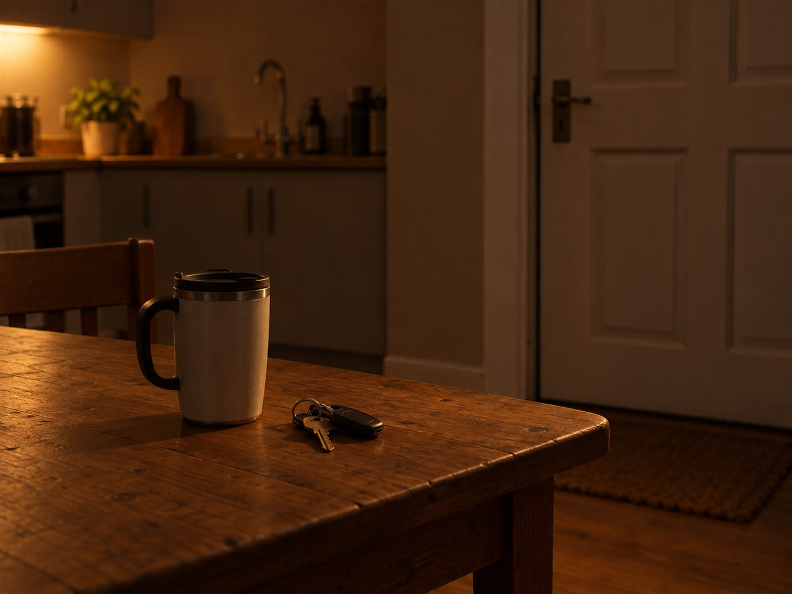 A travel mug and a set of car keys on a kitchen table by the door in early morning