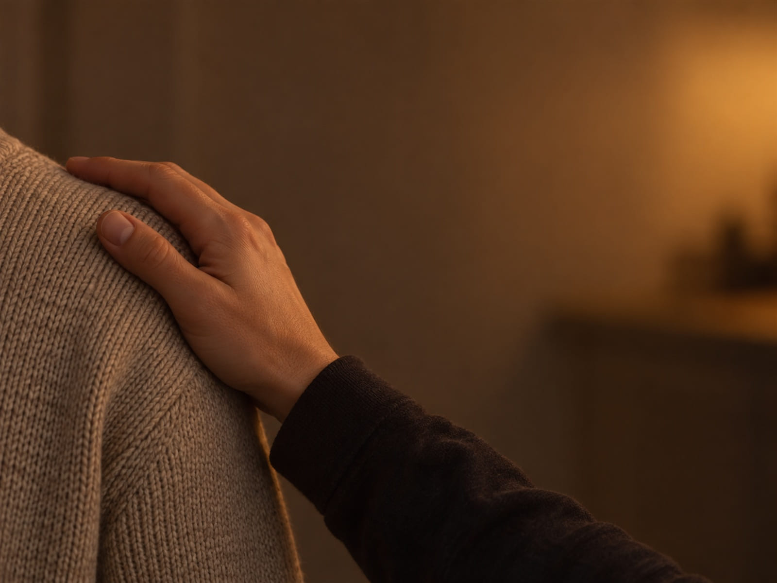 A hand resting on another person's shoulder, seen from behind