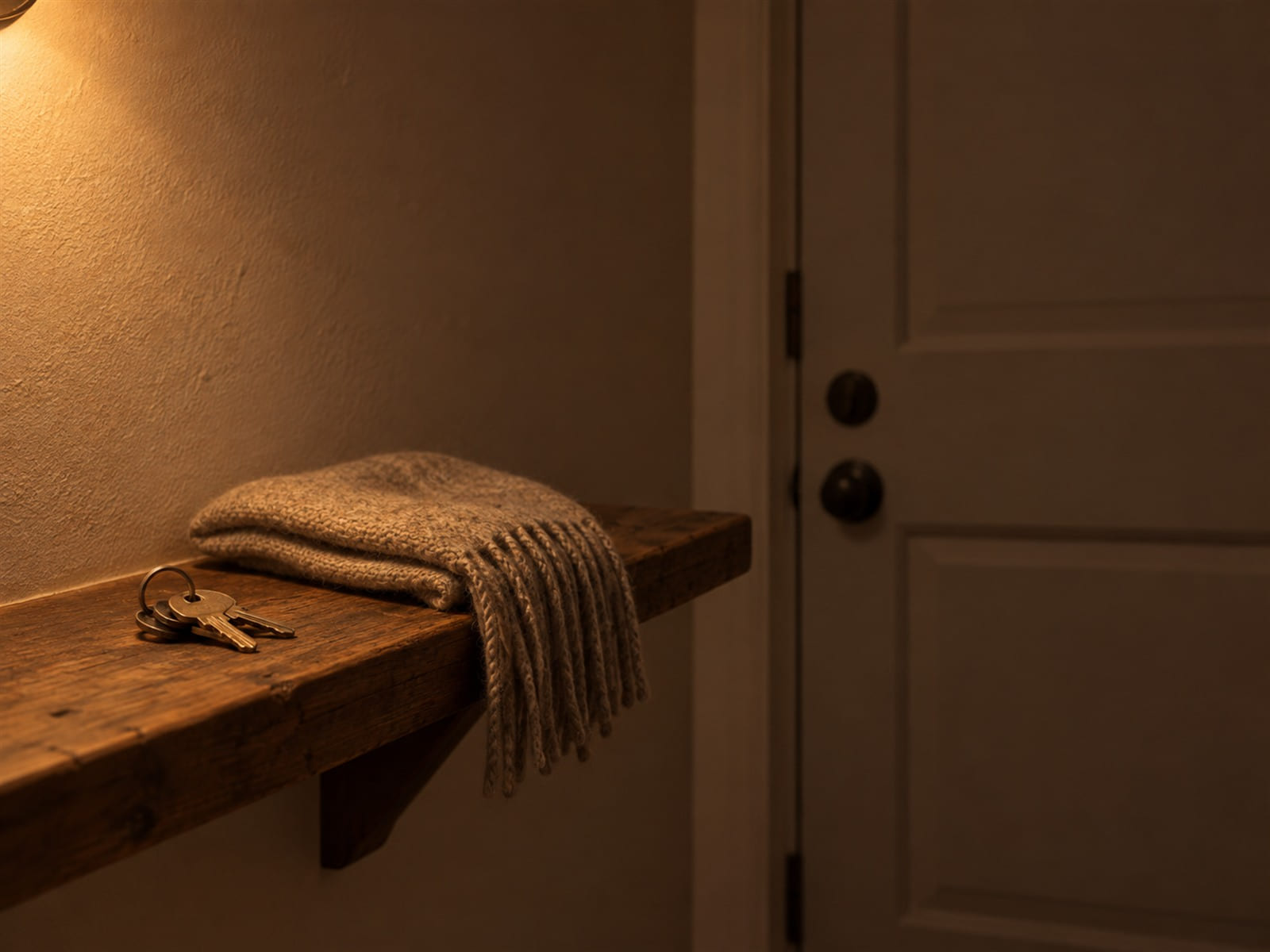 A pair of house keys and a folded scarf on a hallway shelf by the front door