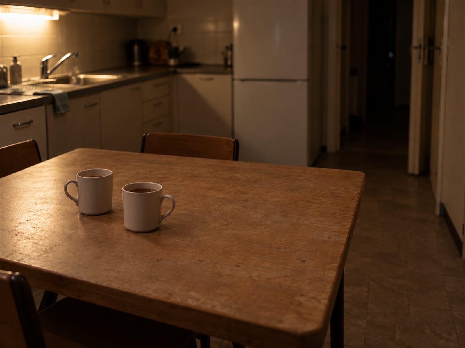 Two mugs of tea going cold on a kitchen table in evening light