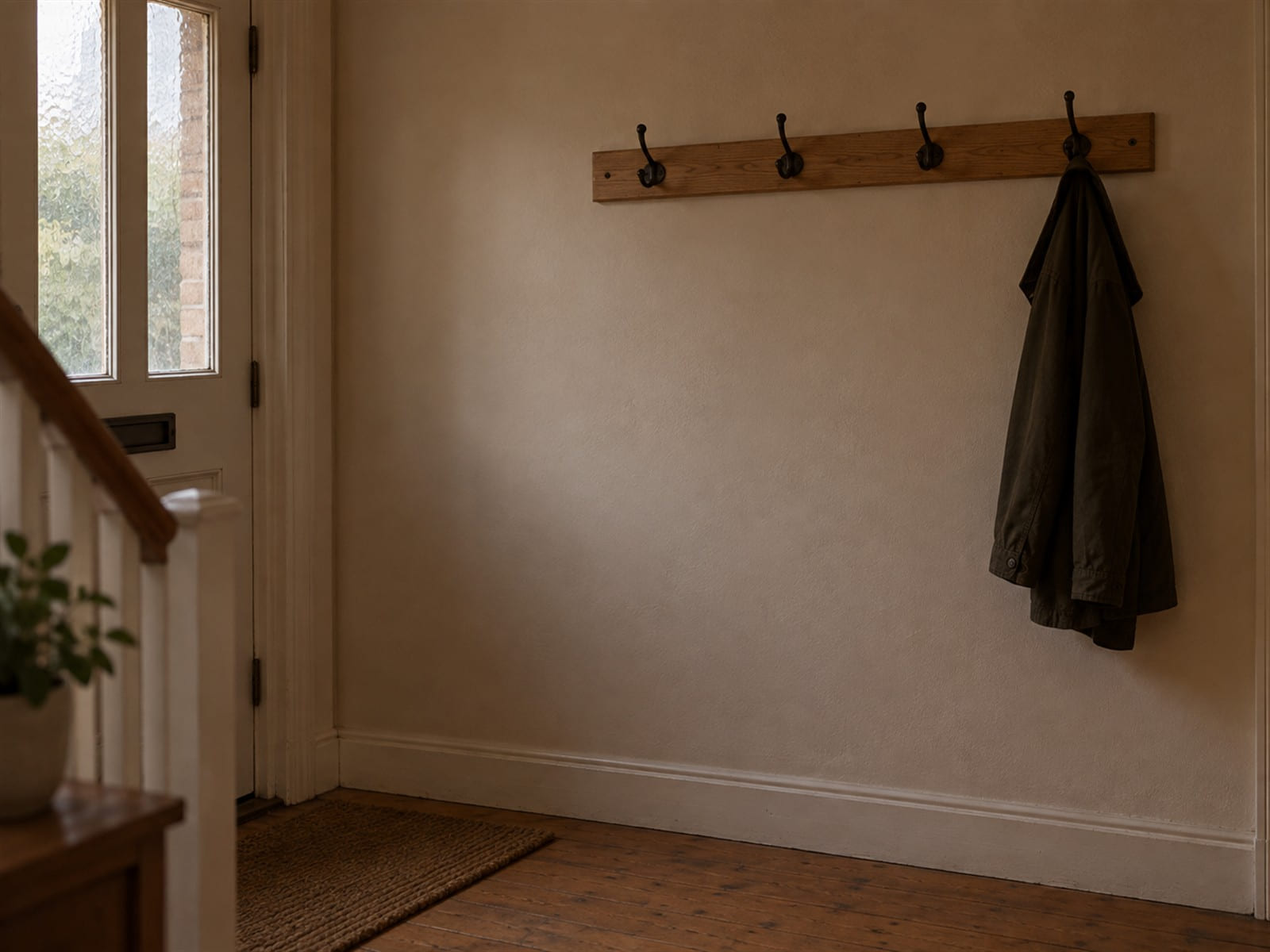 A coat hanging on the last of a row of empty hooks by a door