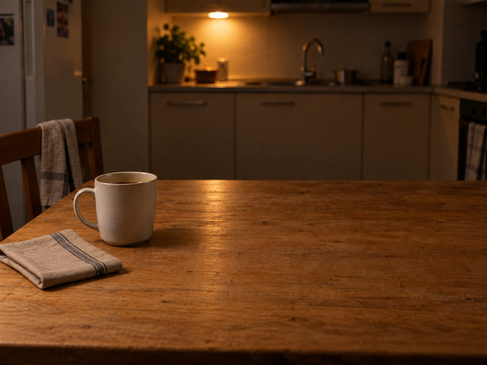 A single mug and a folded napkin on a small kitchen table set for one