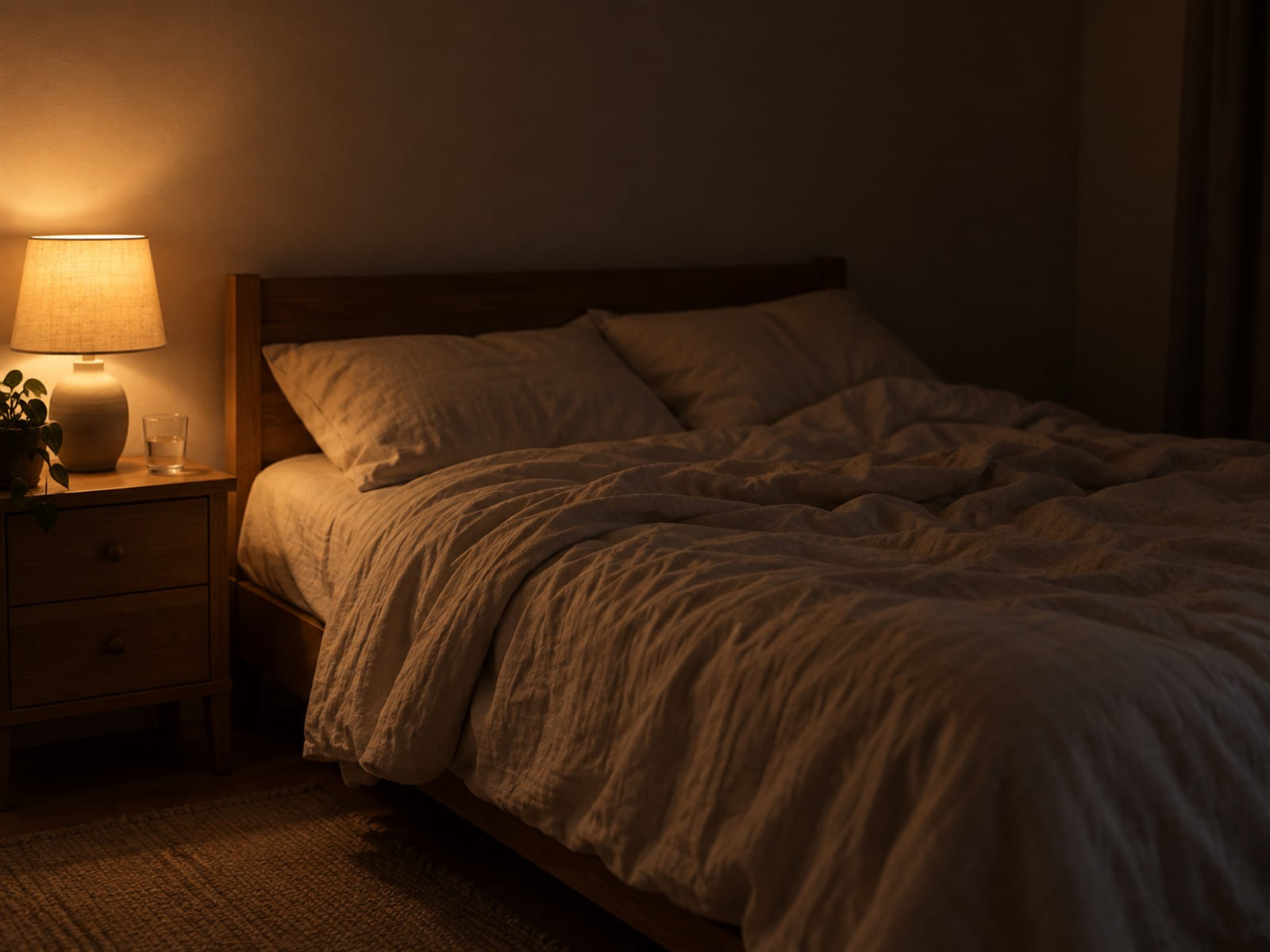 A lamp lit on one side of a made bed, the other side dark