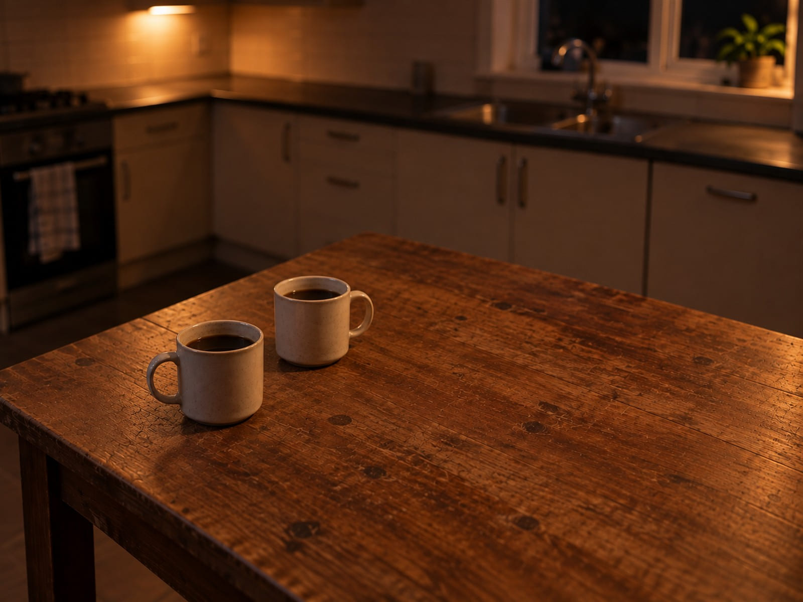 Two coffee cups on a kitchen table at night, one full and untouched