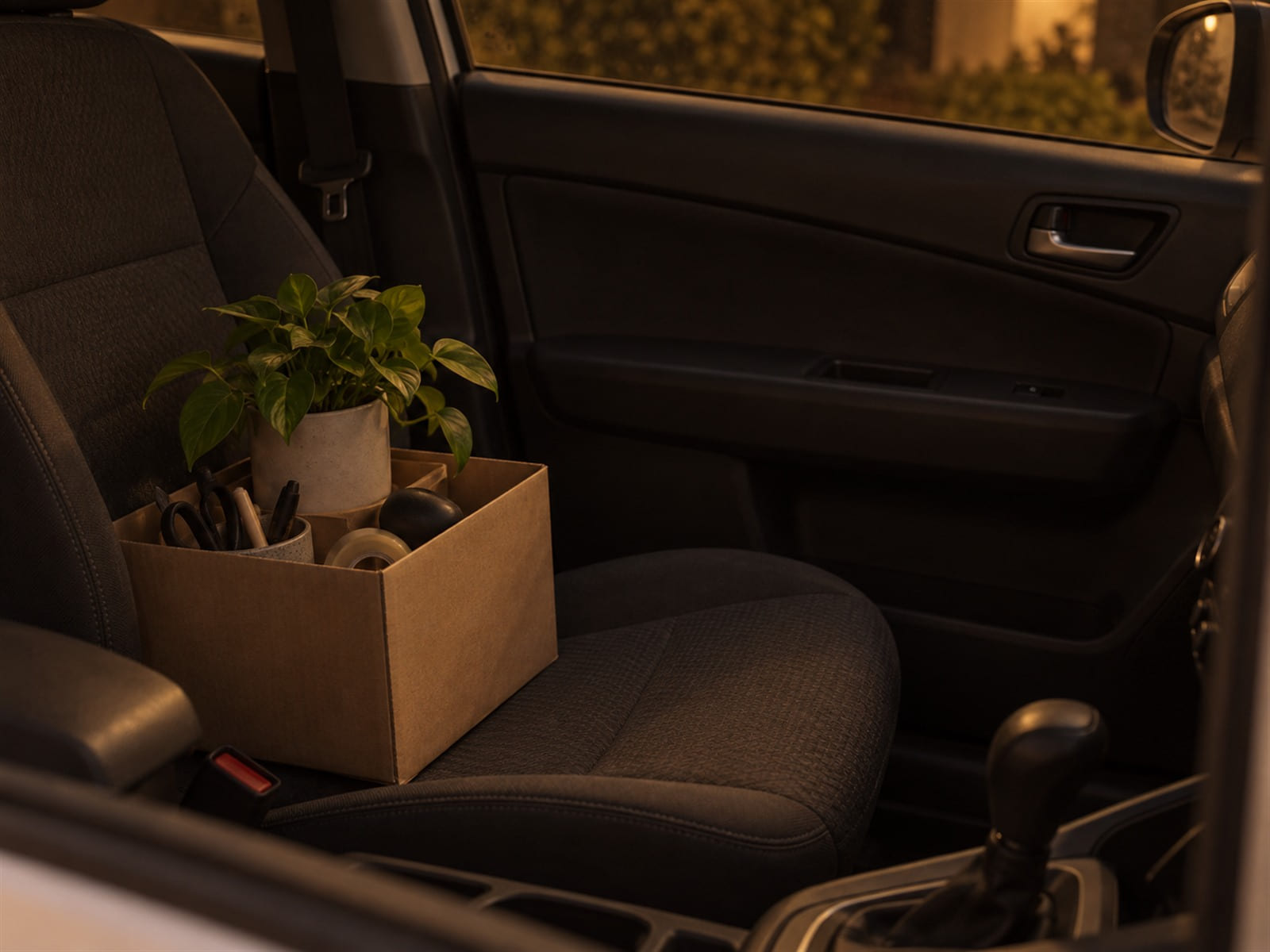 A small cardboard box of desk things with a potted plant on top, on the passenger seat of a parked car