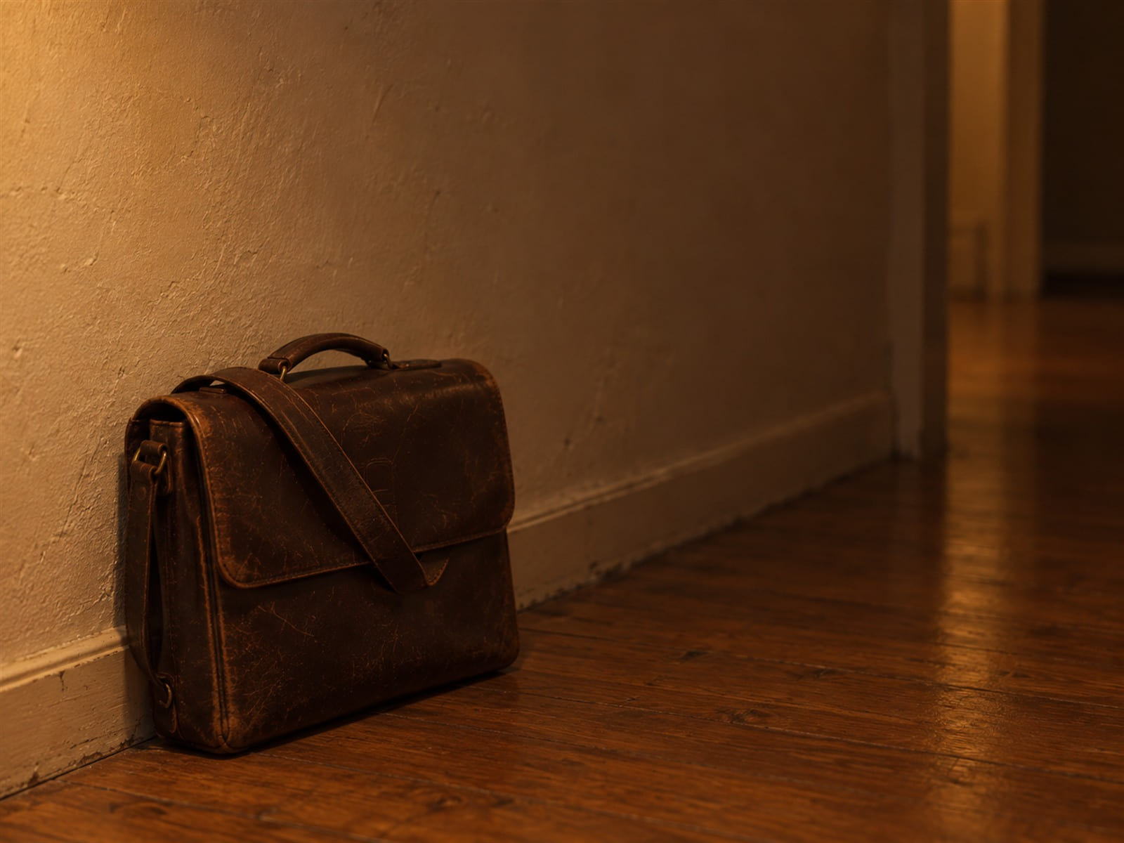 A worn leather briefcase leaning against a hallway wall, its strap folded over the top
