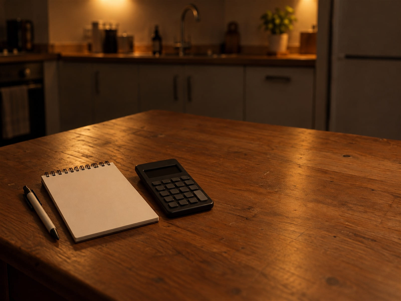 A blank notepad and a pen beside a calculator on a kitchen counter