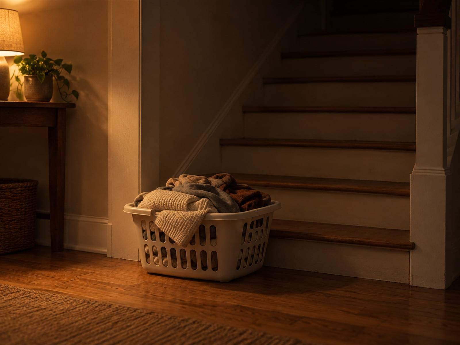 A basket of clean laundry left unfolded at the foot of a staircase