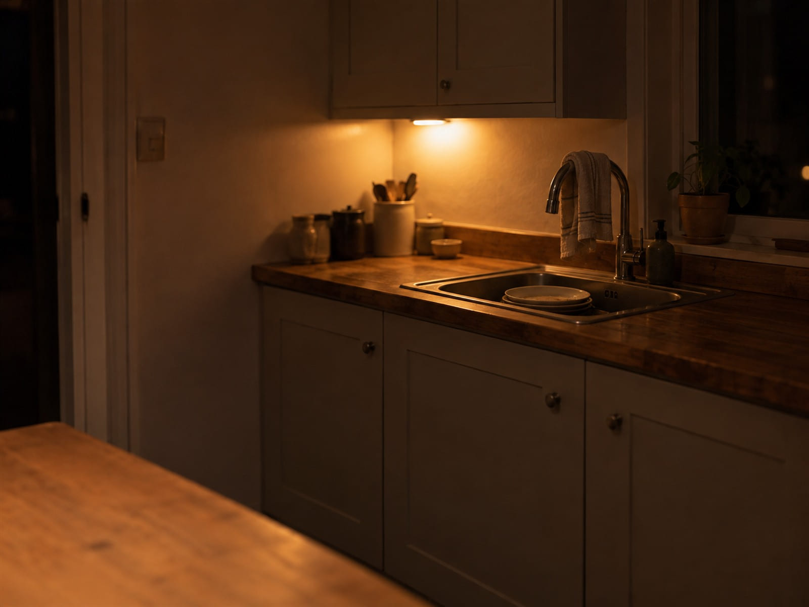 A kitchen sink at the end of the day with a few plates stacked in it and a tea towel over the tap
