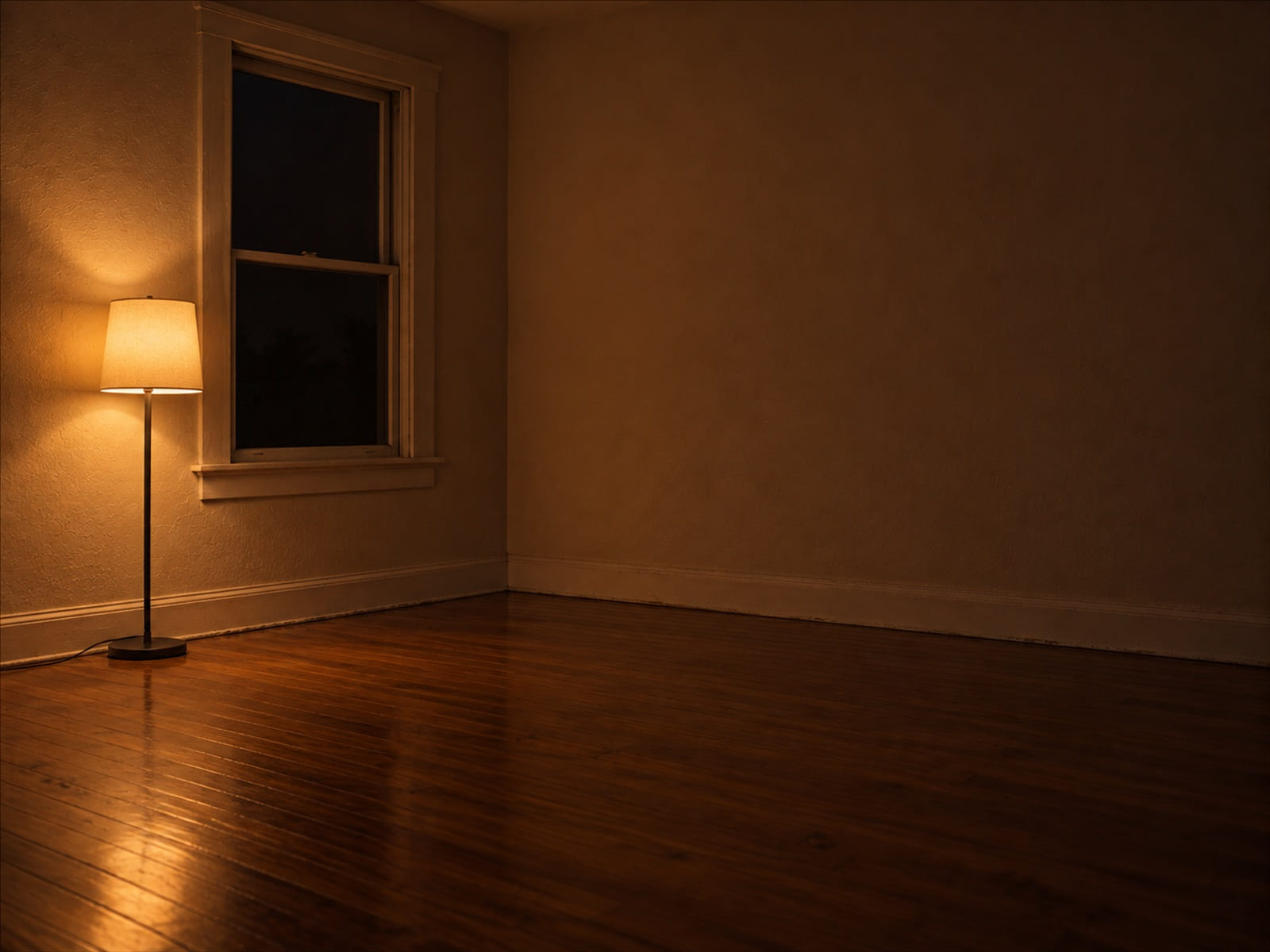 A bare window with no curtains yet, a lamp standing on the floor beneath it in an empty room at night