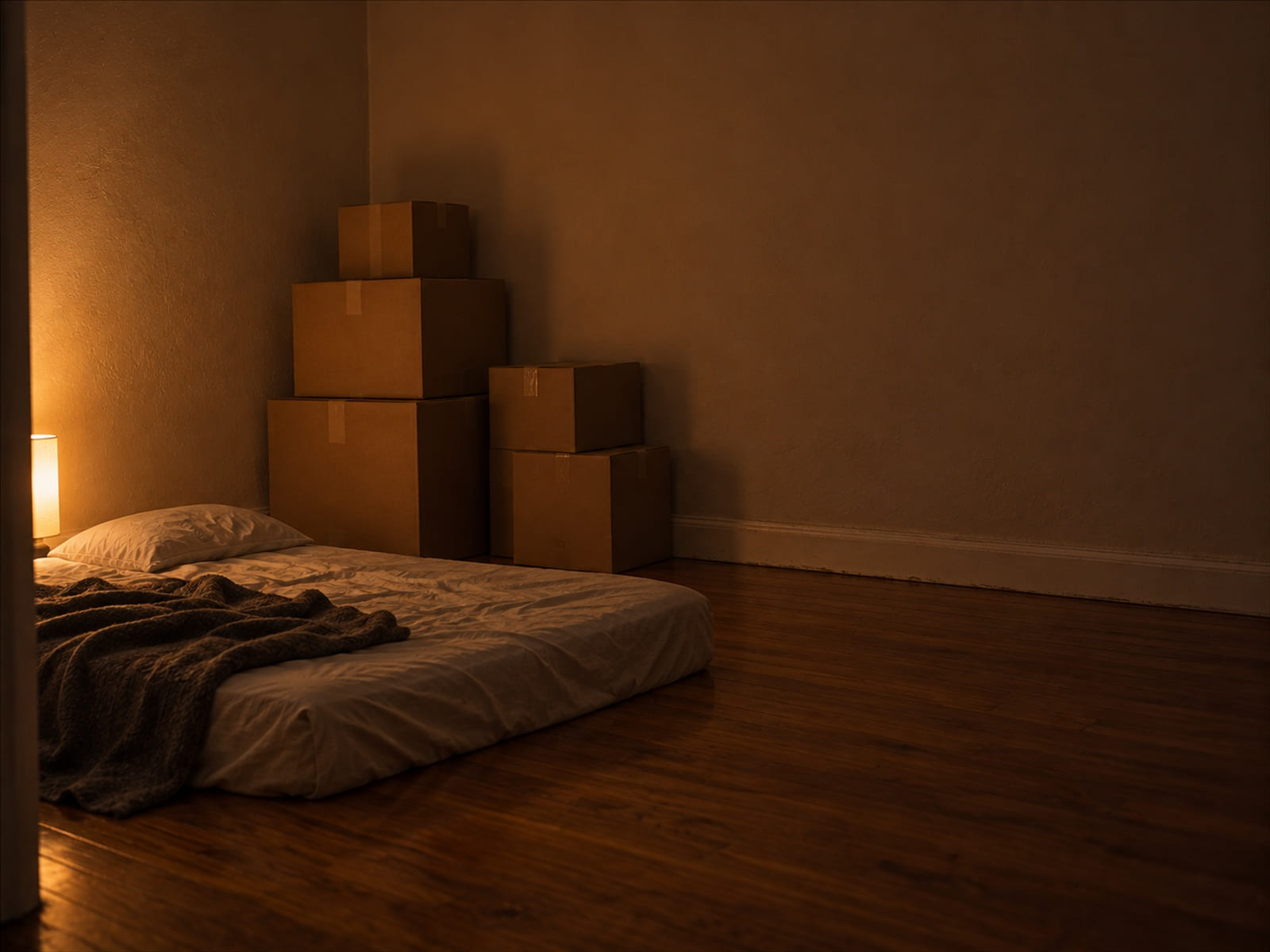 Plain unmarked cardboard boxes stacked against a bare wall beside a mattress on the floor, lit by one lamp