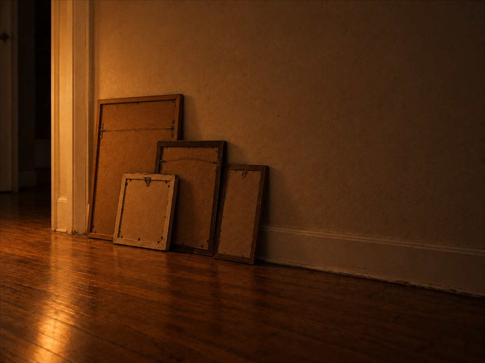 Picture frames leaning against a hallway wall, turned to face it, waiting to be hung