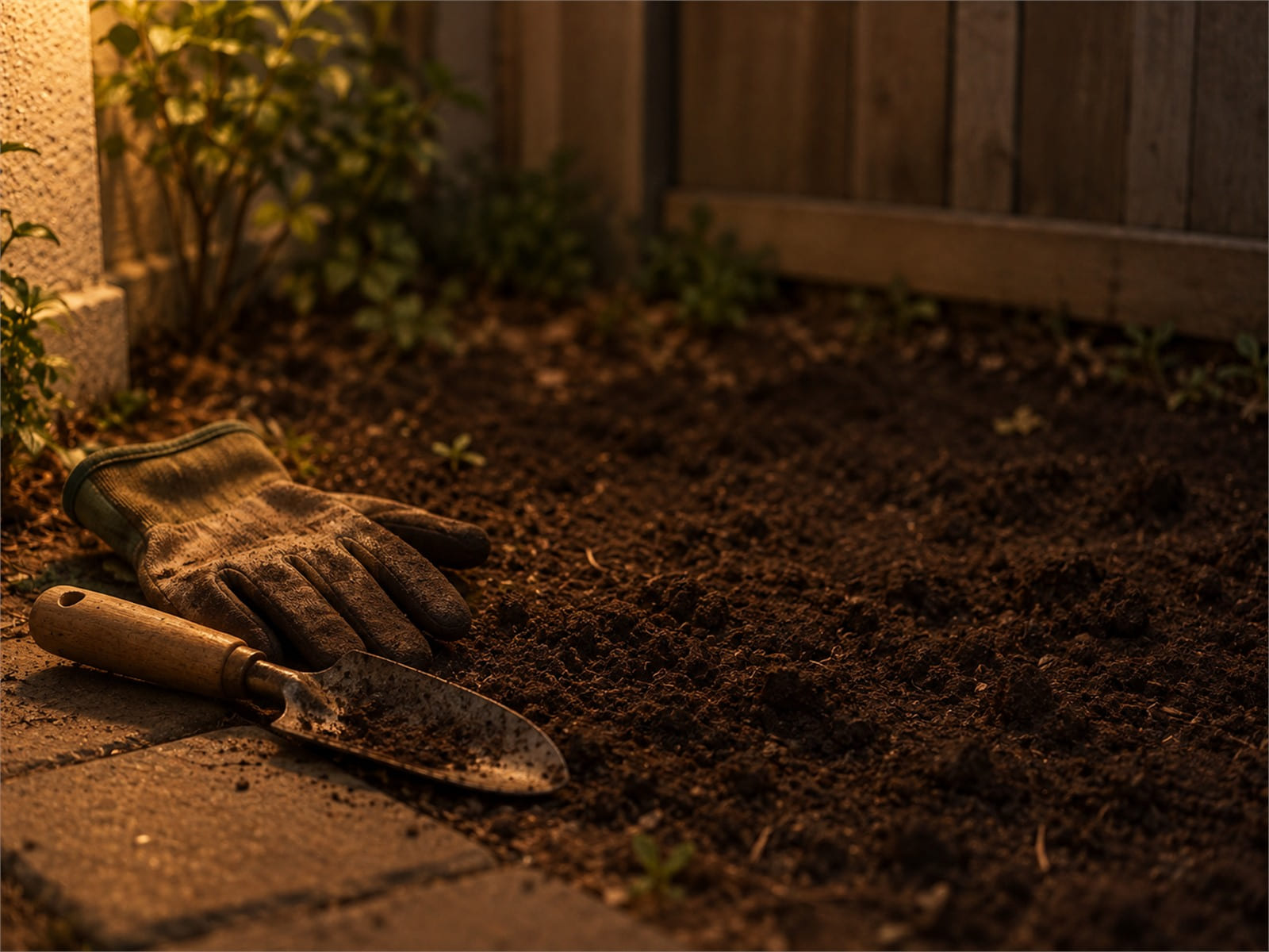 A pair of gardening gloves and a small trowel resting beside a freshly turned patch of soil
