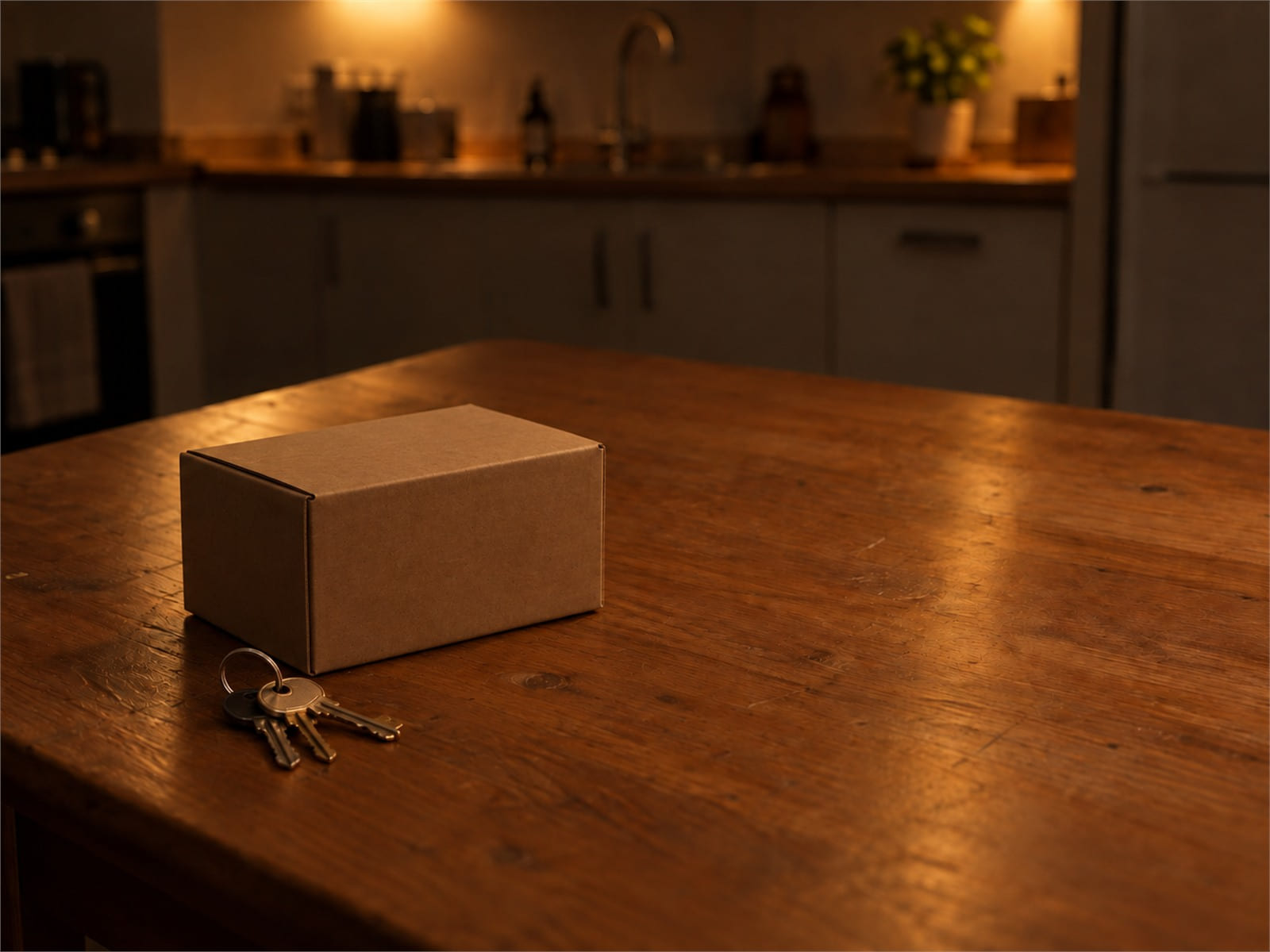 A set of house keys on an empty kitchen counter beside a single unmarked cardboard box