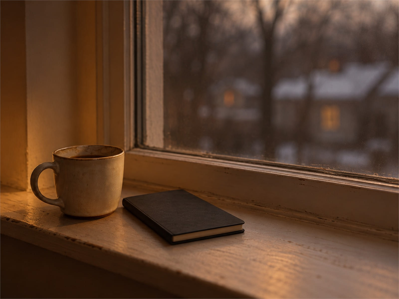 A single mug on a windowsill beside a closed notebook in early winter light