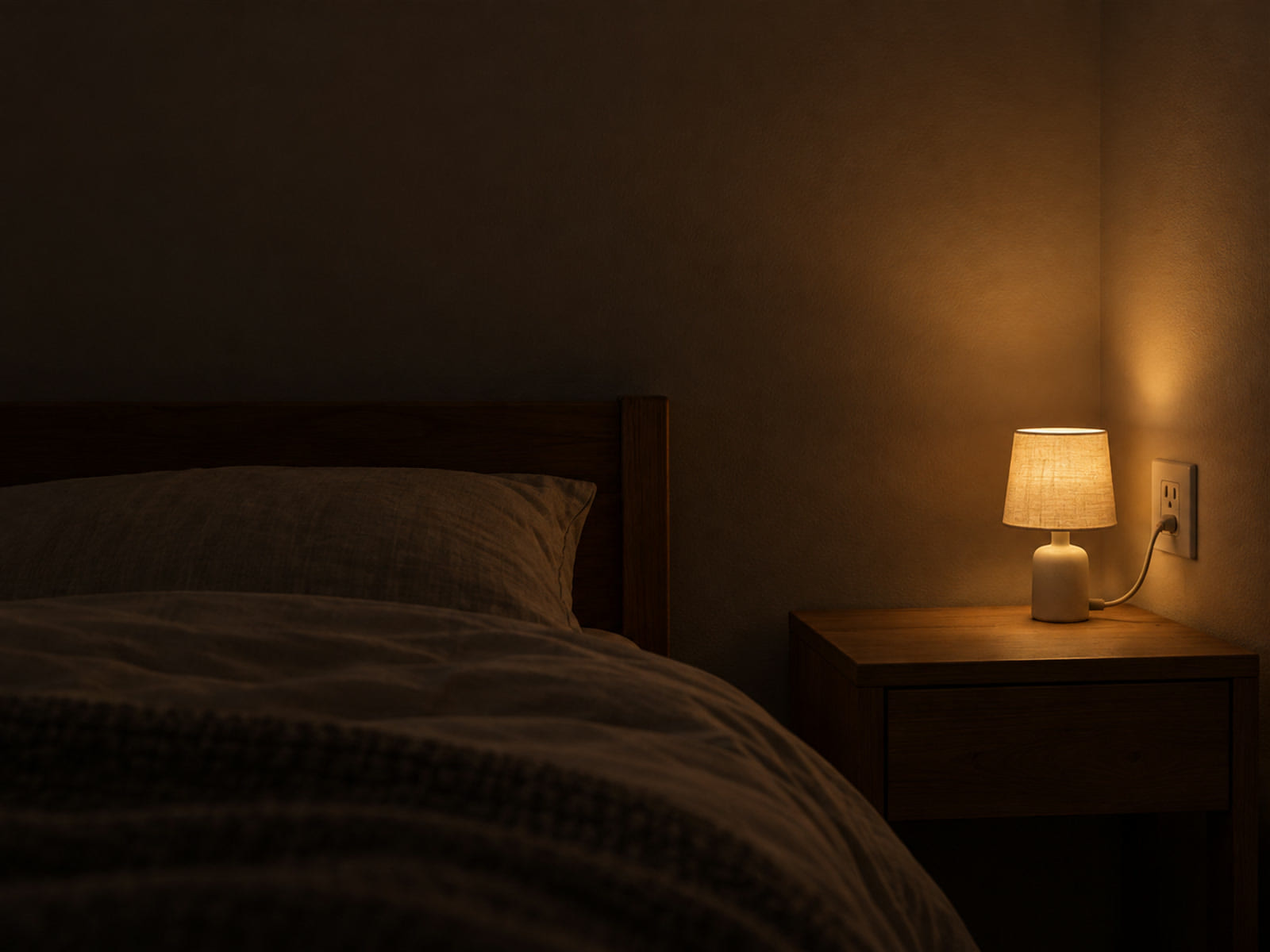 A small plug-in lamp turned down low on a nightstand, lighting one corner of a dark bedroom