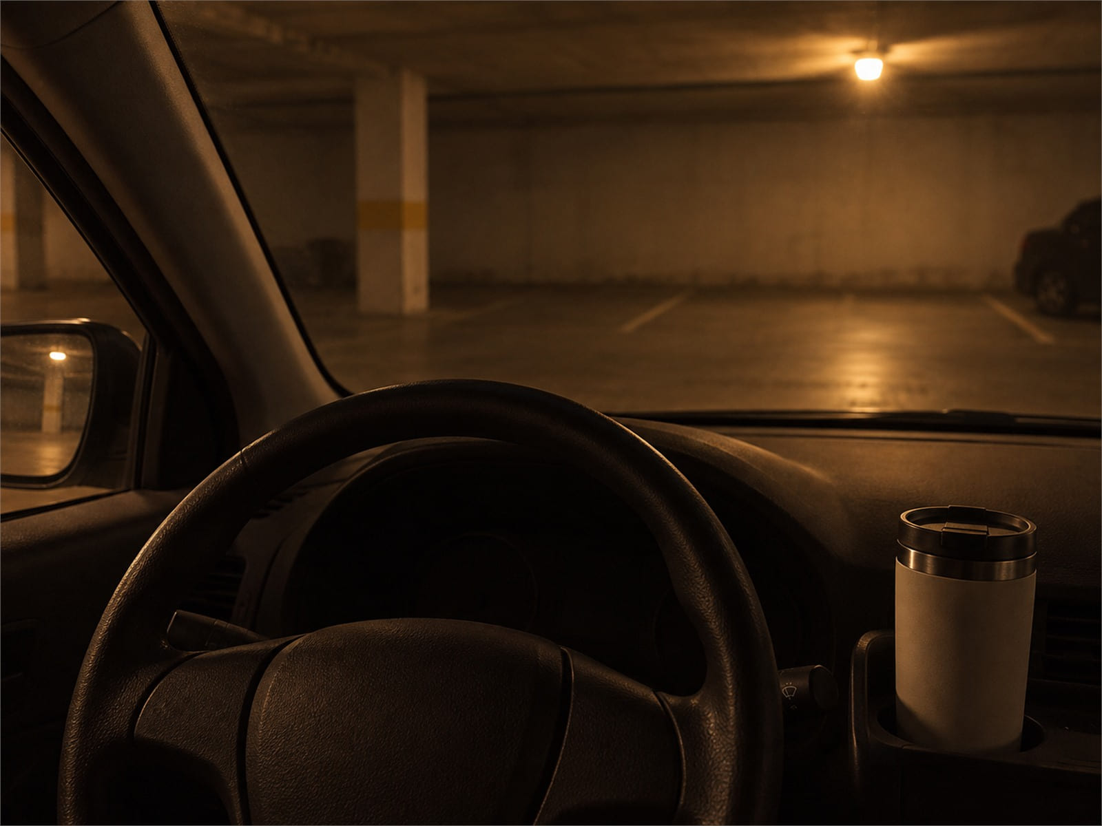 A car steering wheel and a travel mug in a dim parking garage under a single overhead light