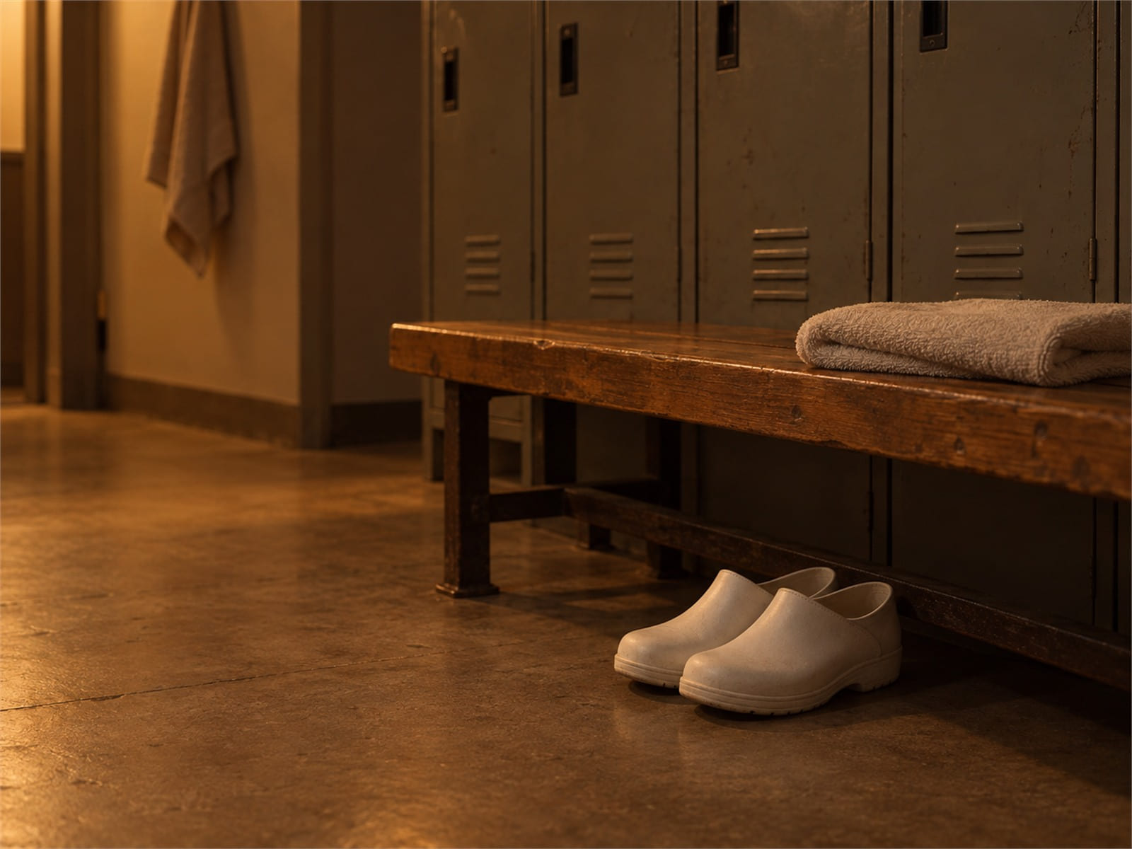 A pair of clean white clogs under a wooden locker-room bench beside a folded towel