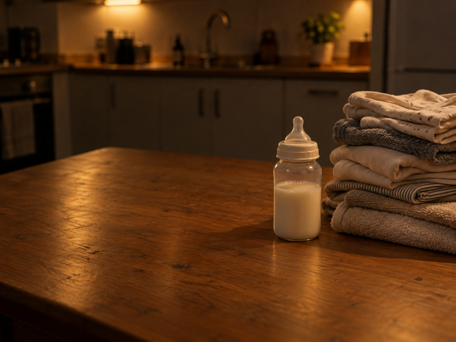 A baby bottle standing on a kitchen counter beside a tall pile of folded laundry
