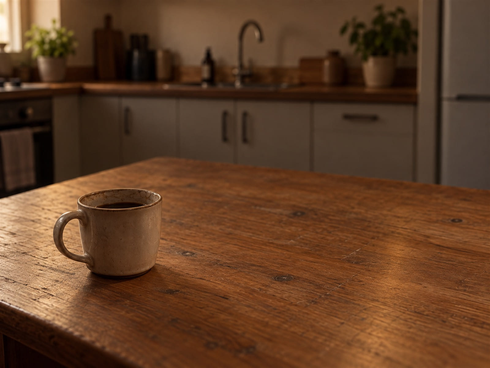 A mug of coffee gone cold on a kitchen counter in flat afternoon light