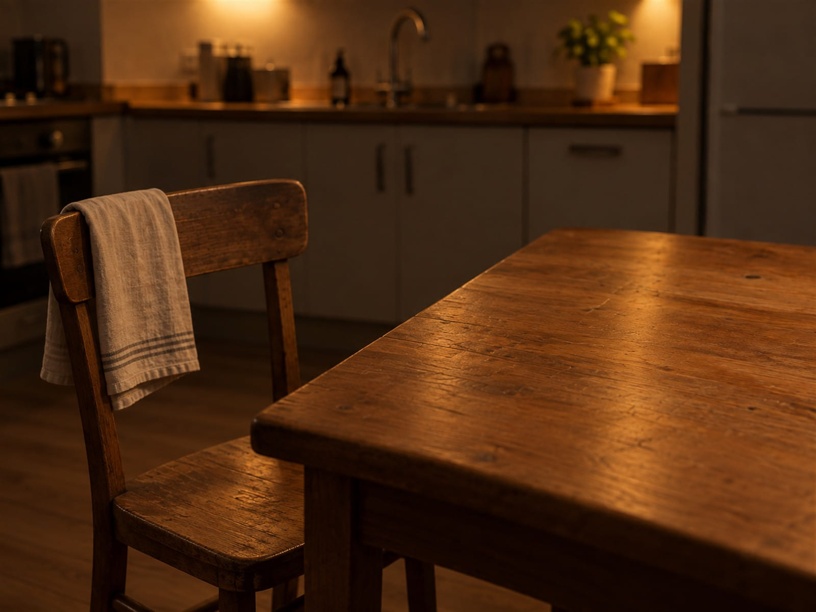 An empty kitchen chair pulled back from a table, with a folded tea towel over its back