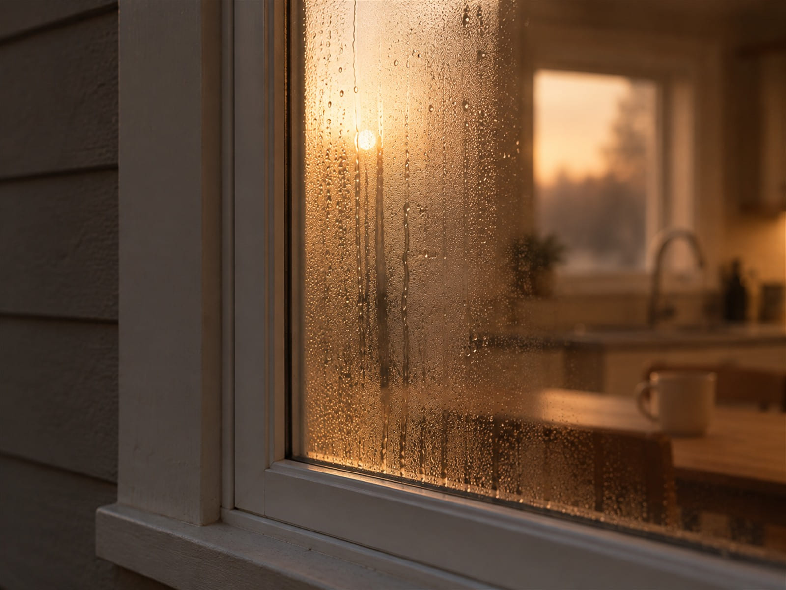 A window with condensation on it, the room behind out of focus, early morning