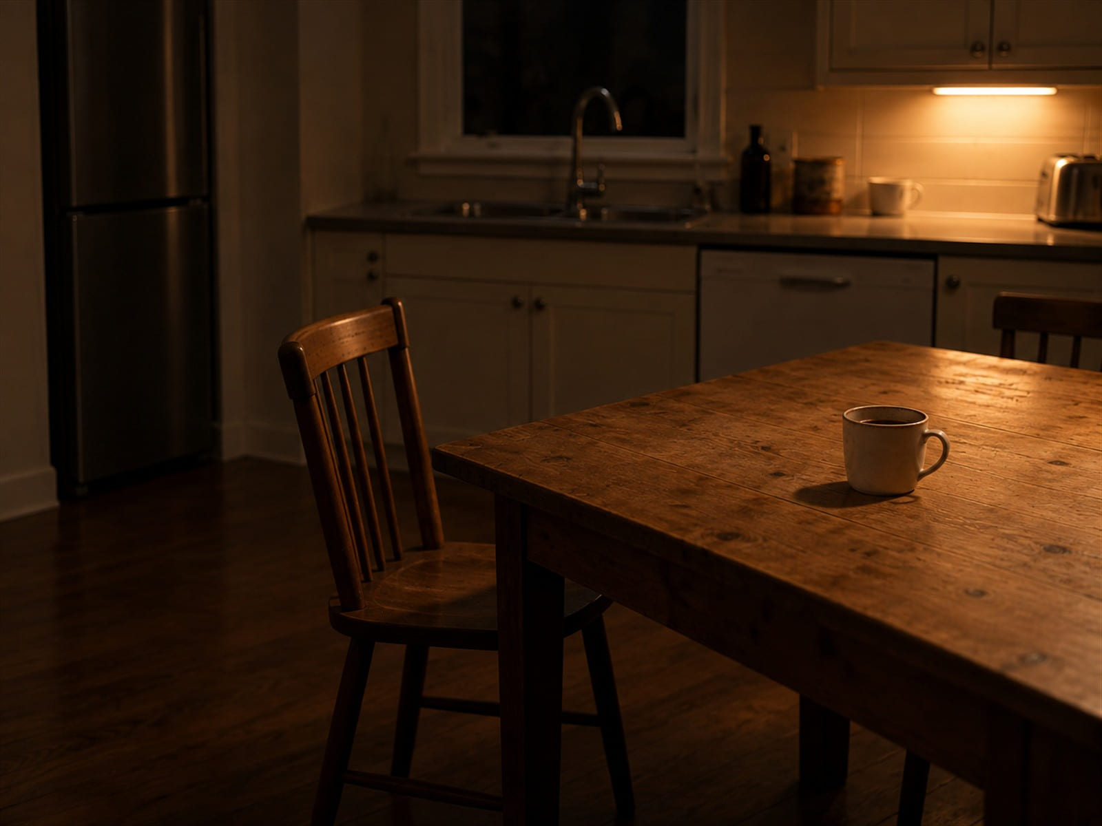 A kitchen at night with one lamp on and a chair pushed back from the table