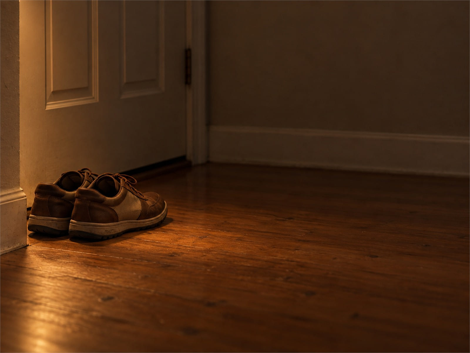 A pair of shoes set neatly by a closed front door
