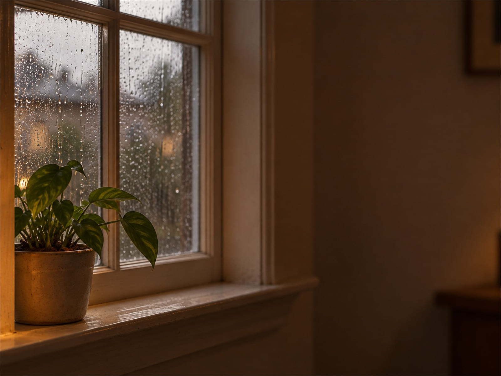 Rain drying on a window at first light, with a small plant on the sill