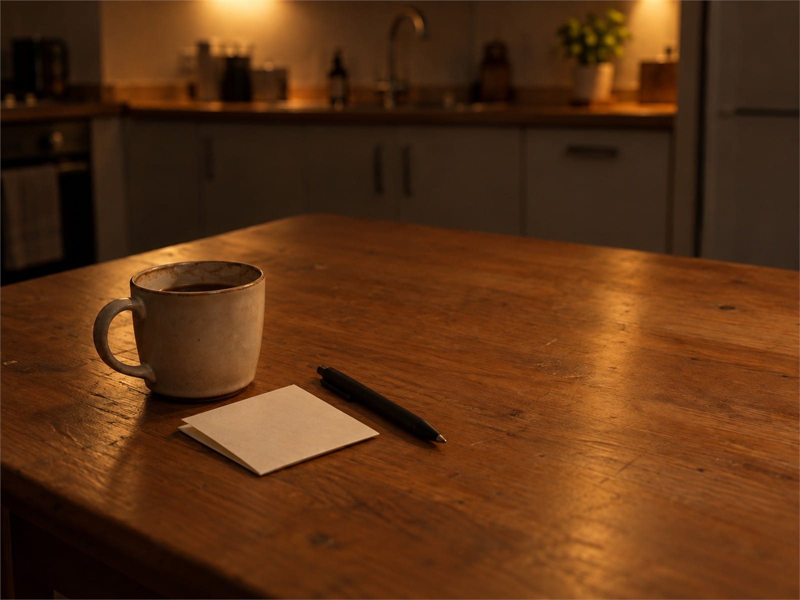 A folded scrap of blank paper and a pen on a kitchen table at night, beside a single mug