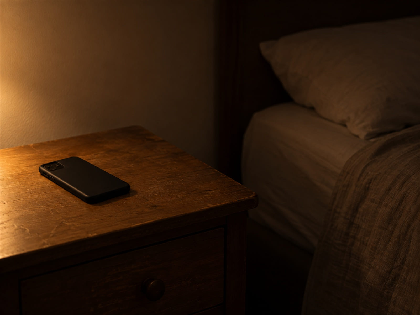 A bedside table in the dark with a phone face down on it, the room barely visible