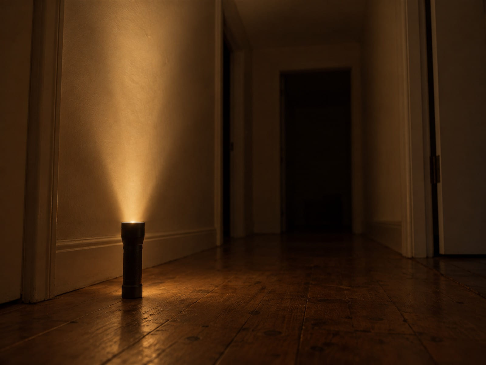 A flashlight standing on its end on a hallway floor, its beam lighting the ceiling during a power cut