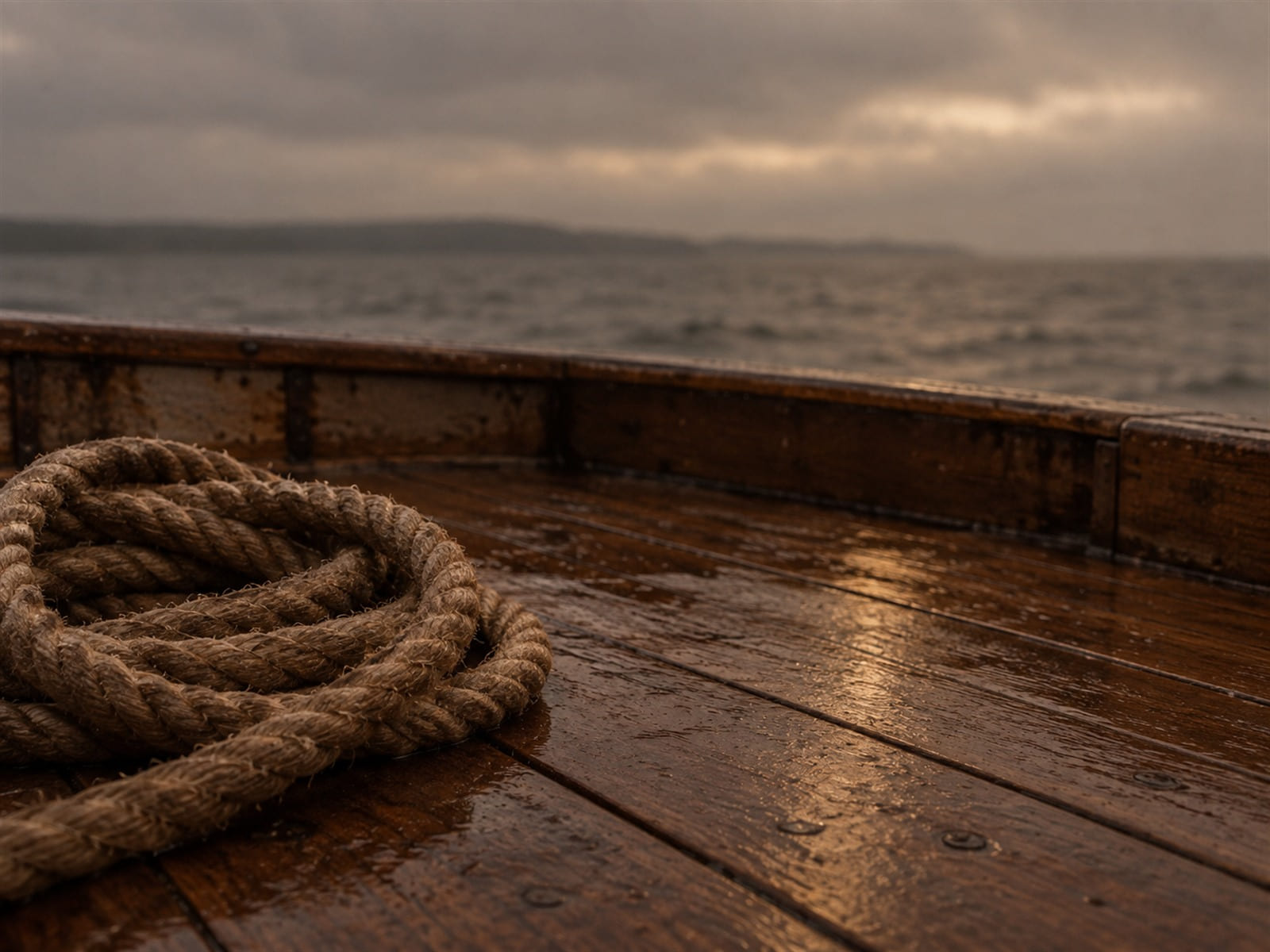 A thick rope coiled on the wet wooden deck of a boat under a gray sky